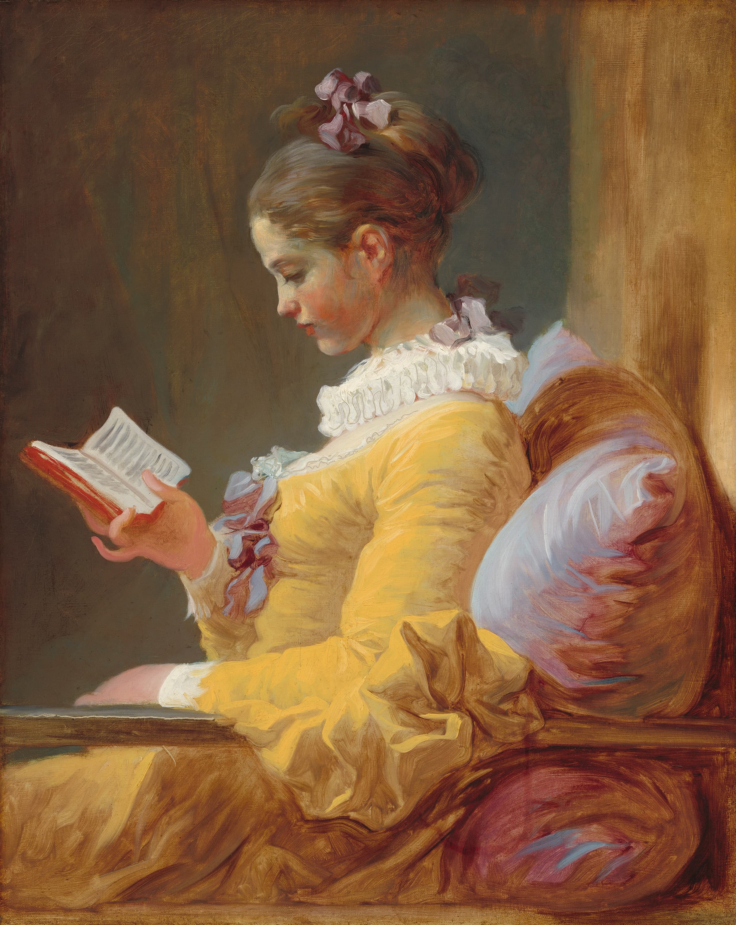 A young girl in profile wears a lemon-yellow dress with white ruff collar and cuffs and purple ribbons, holding a small book in her right hand as she reads.