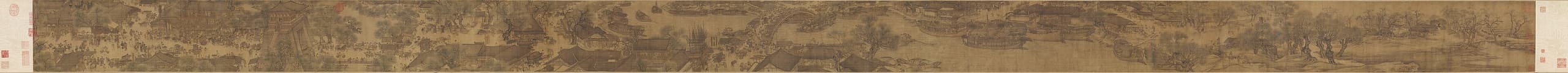 A long horizontal scroll showing a river winding through a landscape that becomes increasingly populated, with a prominent arched bridge at the centre surrounded by boats, buildings, and hundreds of small figures.