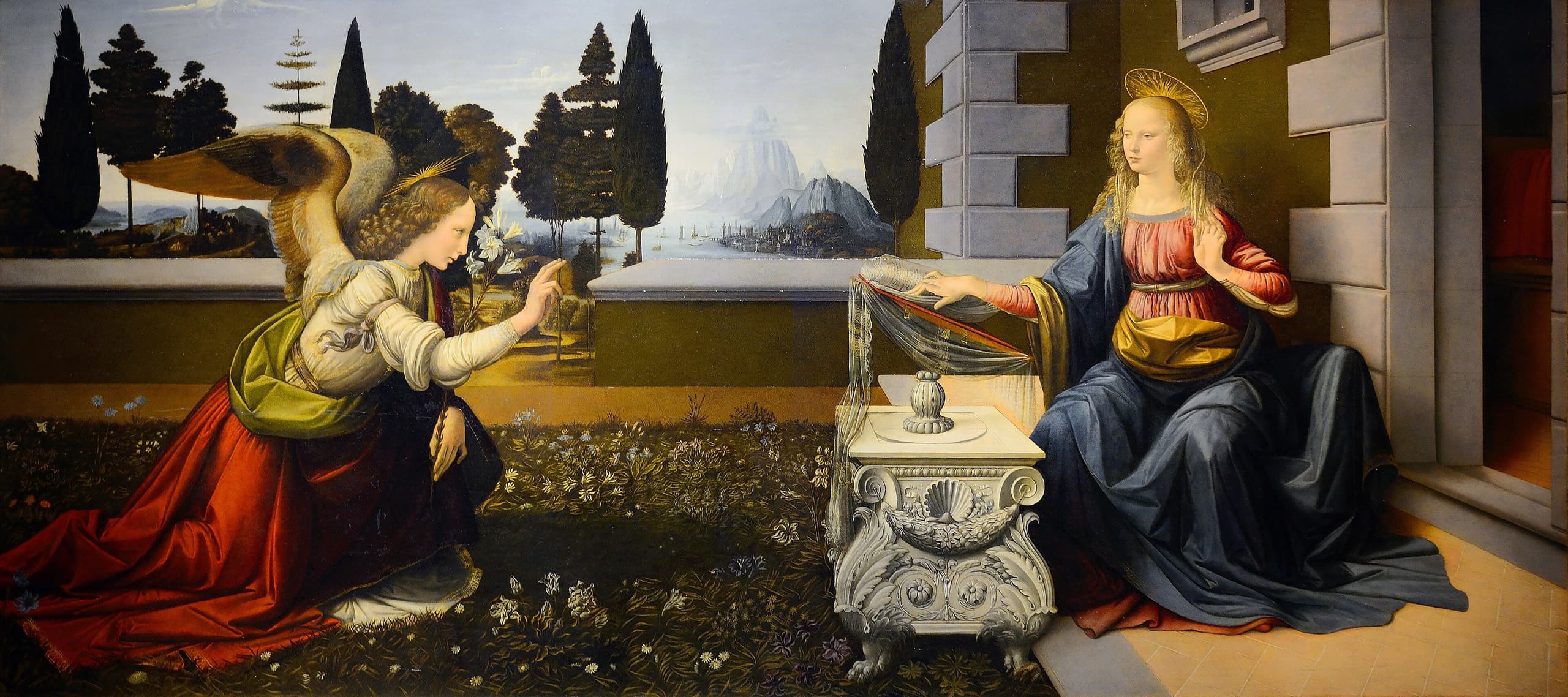 A wide horizontal panel: a winged angel at the left faces a woman seated at a lectern on the right, with garden ground, architecture and distant landscape between them.
