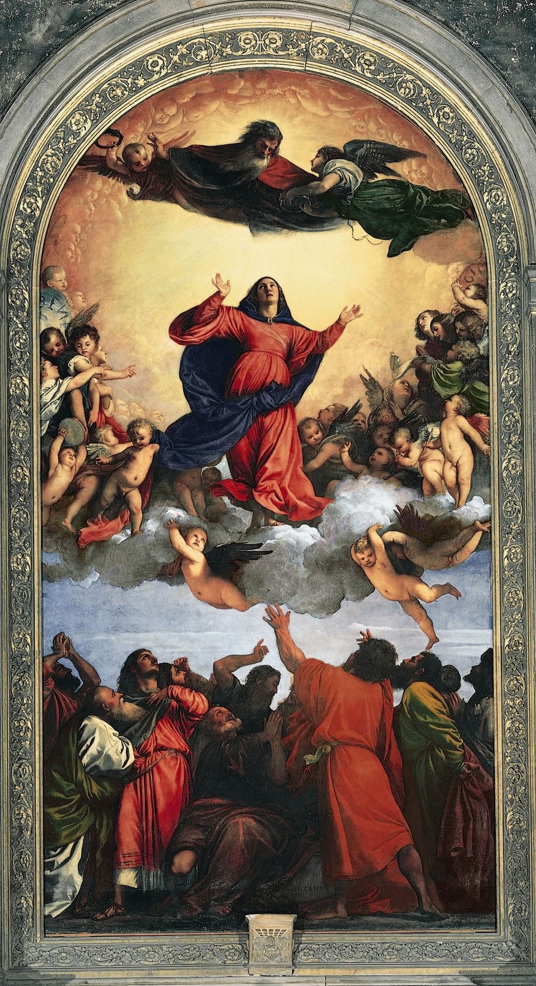 A very tall altarpiece: restless apostles fill the lower zone around an empty centre; above them a red-robed Virgin rises on cloud toward a figure in a burst of light.