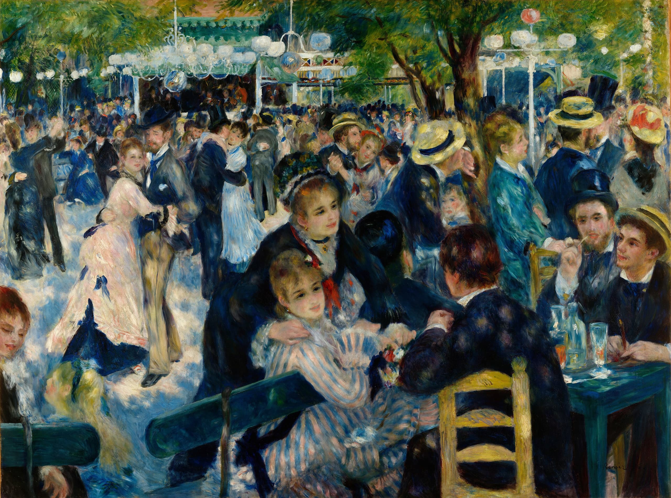 A crowded open-air gathering under trees: figures seated in the foreground, dancers and talkers beyond, sunlight falling in broken patches across faces, hats and dresses.