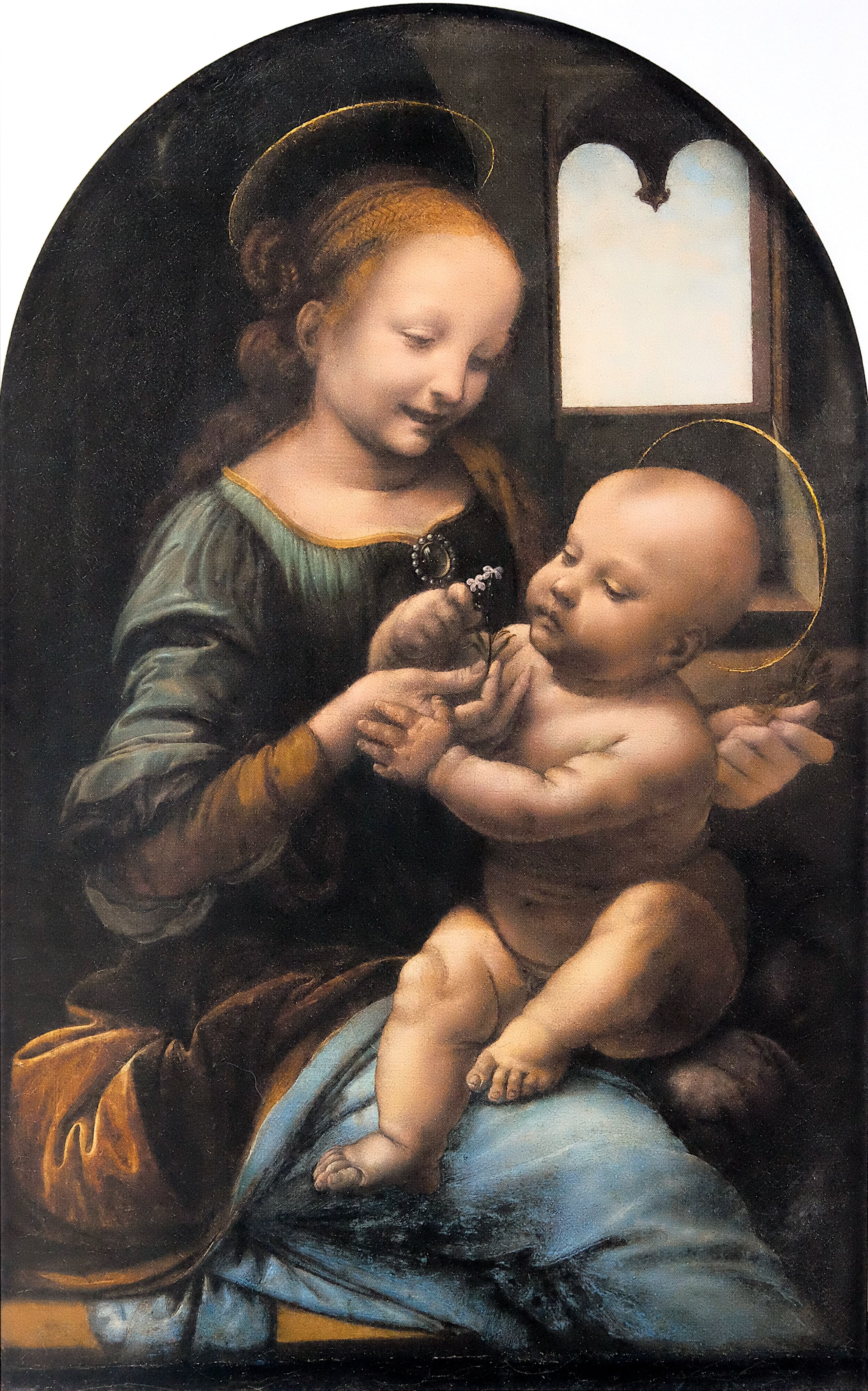 A young woman seated in a narrow vertical panel holds a naked child; between their hands a small spray of pale flowers becomes the focus of the scene.