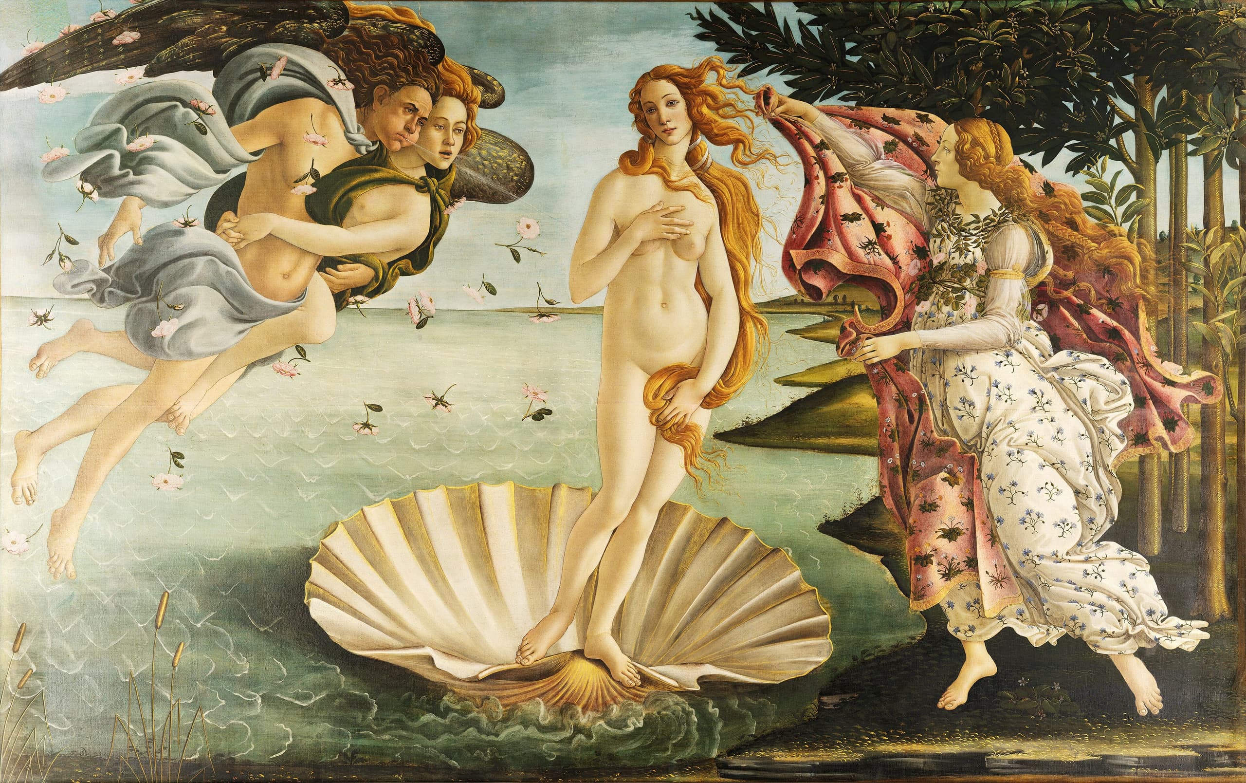A nude woman with long hair stands on a large scallop shell at the centre of a wide painting. Flying figures blow her toward shore from the left; on the right a clothed woman holds out a billowing robe. Roses drift above a patterned sea.