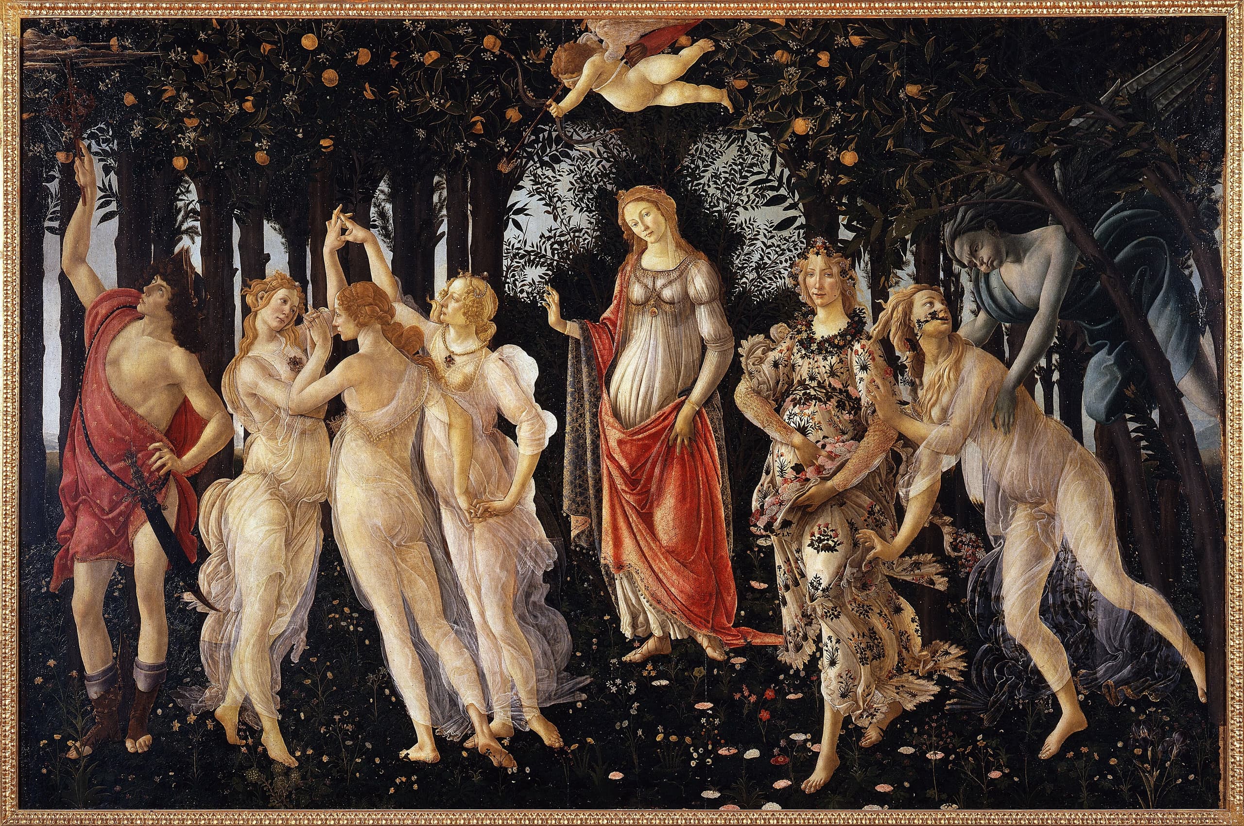 Nine figures in a grove of orange trees. At the right, a blue-skinned wind god seizes a nymph; beside her a woman in a flowered gown scatters roses. Three women in pale drapery dance in the centre. A woman in red stands slightly back, hand raised. At the left, a young man in red reaches toward fruit overhead.