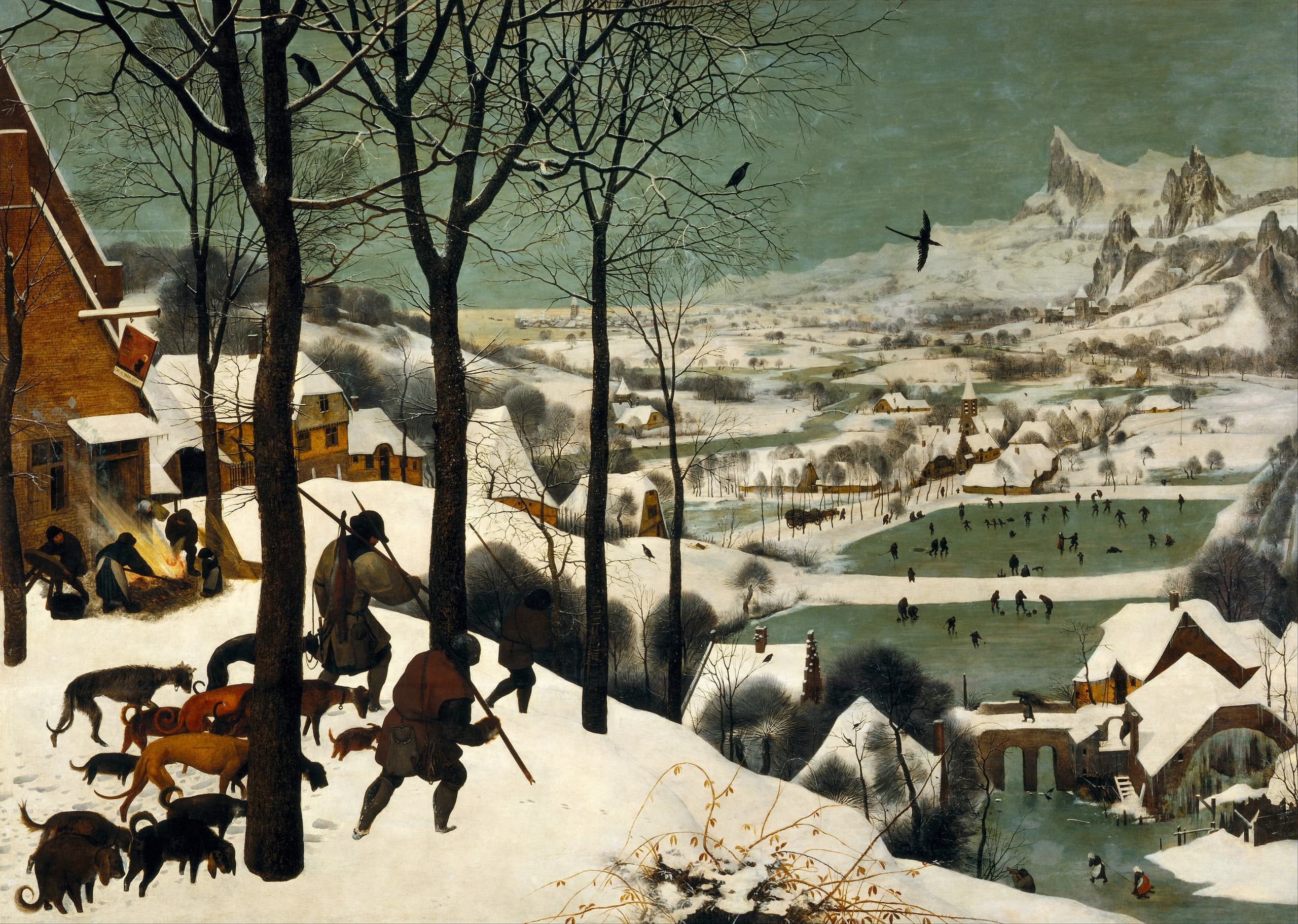 Three hunters and their dogs trudge down a snowy slope toward a valley where frozen ponds, bare trees, and distant jagged peaks recede under a pale greenish-white sky. Small figures skate and work across the ice below.