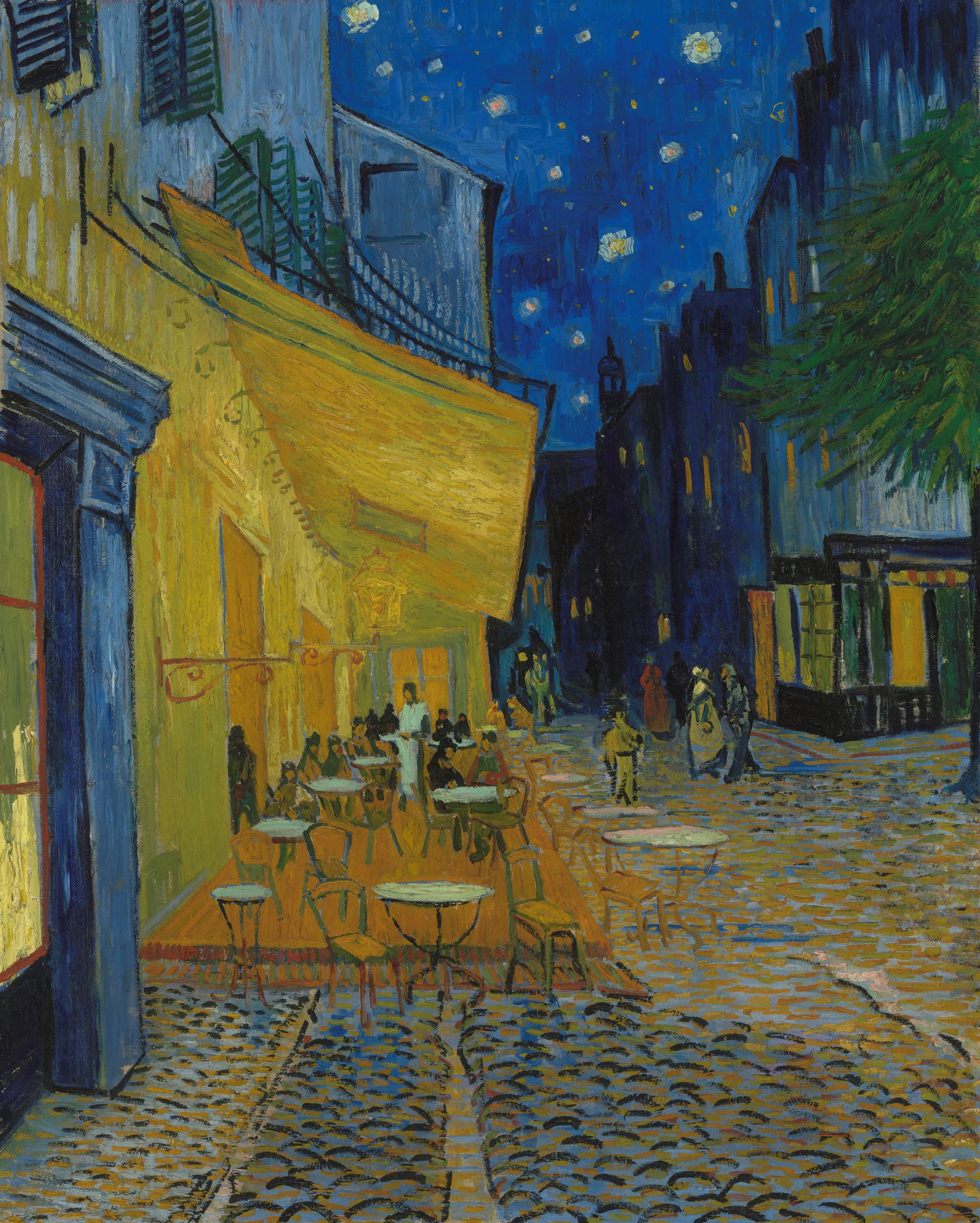 A night cityscape of a café terrace under artificial light, with a dark street beyond, a distant tower, a lighted shop and tree branches to one side, painted in oil on a tall rectangular canvas.