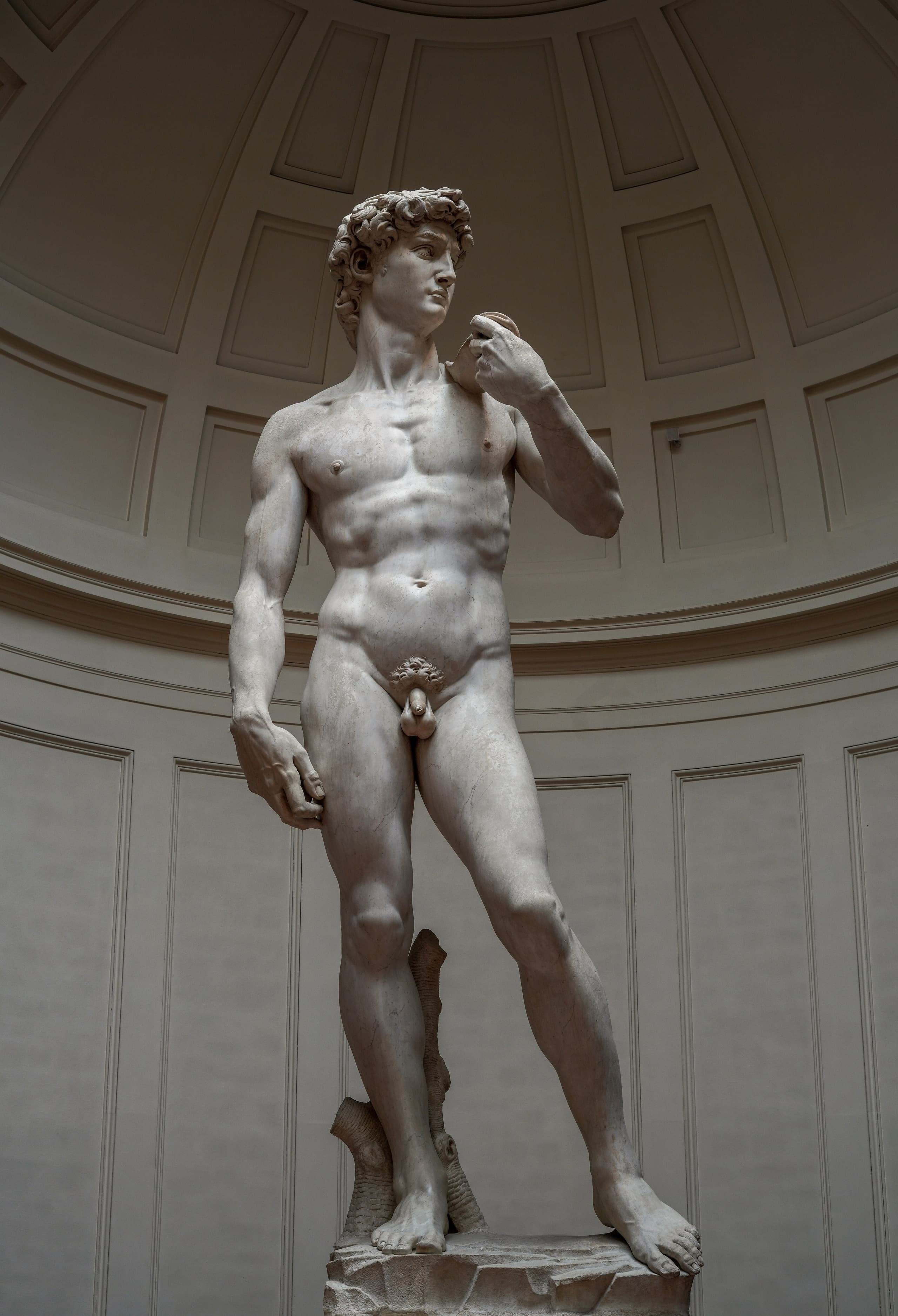 A colossal nude male figure in pale marble stands upright, weight settled, gaze directed to one side, filling a tall indoor bay from plinth almost to the vault.