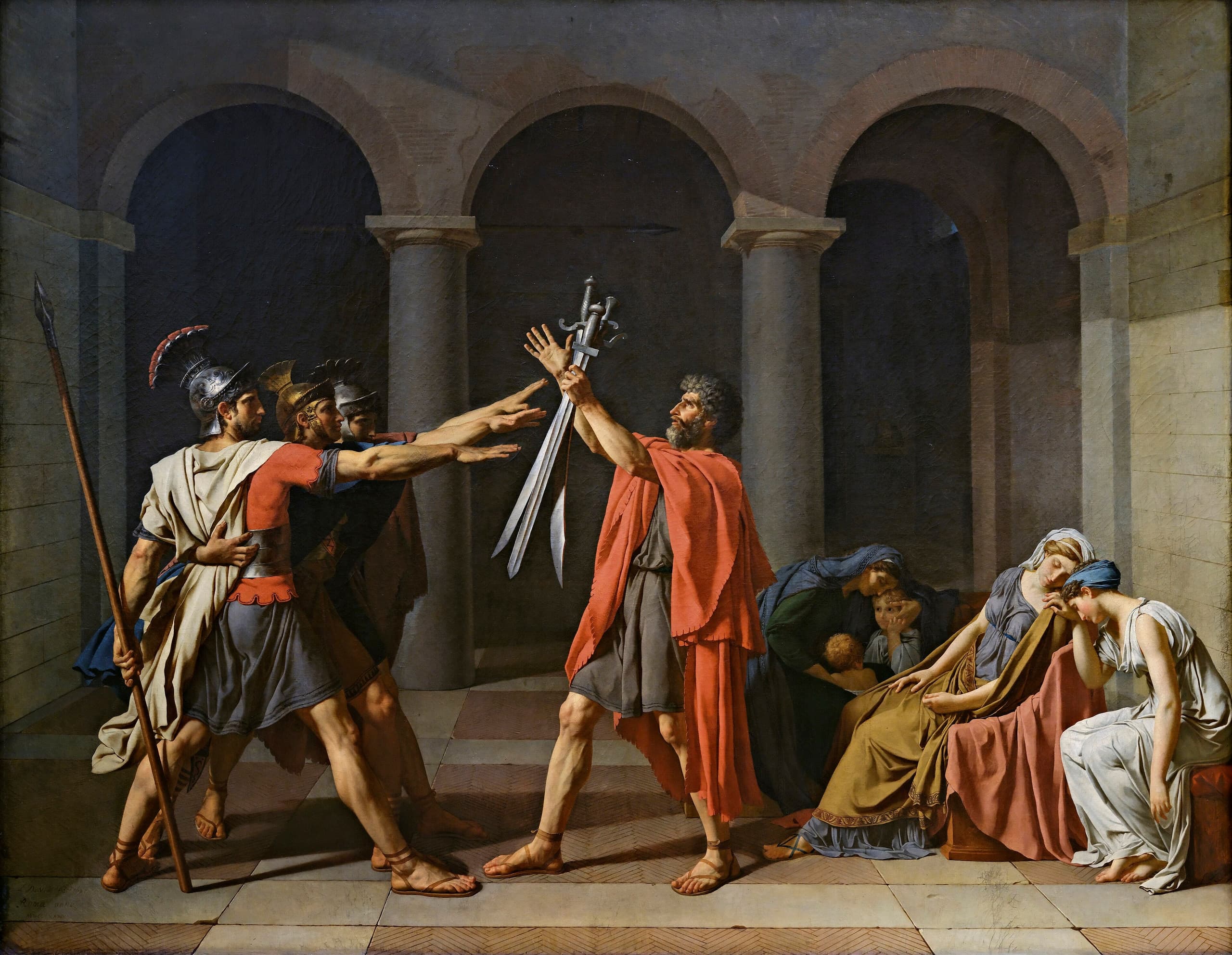 Three young men in tunics reach their right arms towards an older bearded man who holds three swords. Three women and two children sit collapsed together on the right. Three arches divide the background.