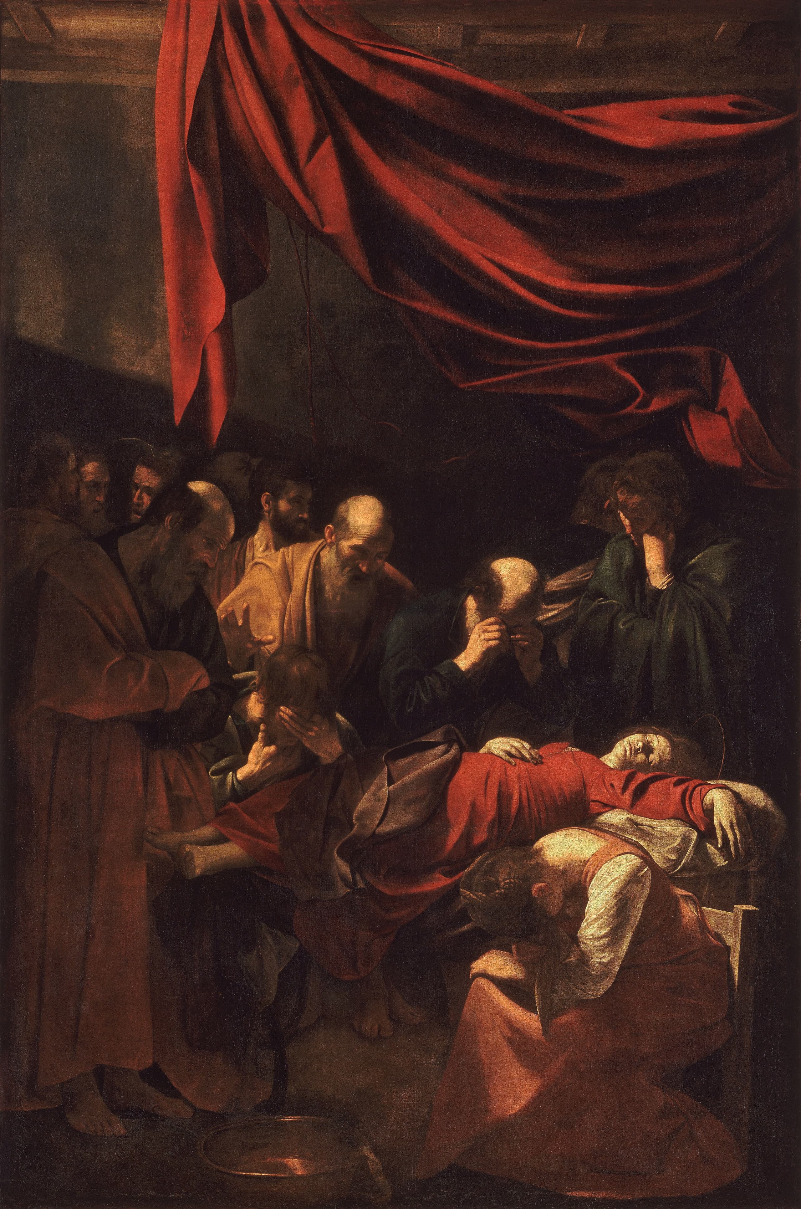A very tall oil painting on canvas of a religious death scene: a central reclining female figure with accompanying figures arranged around her across a wide, dim pictorial space.