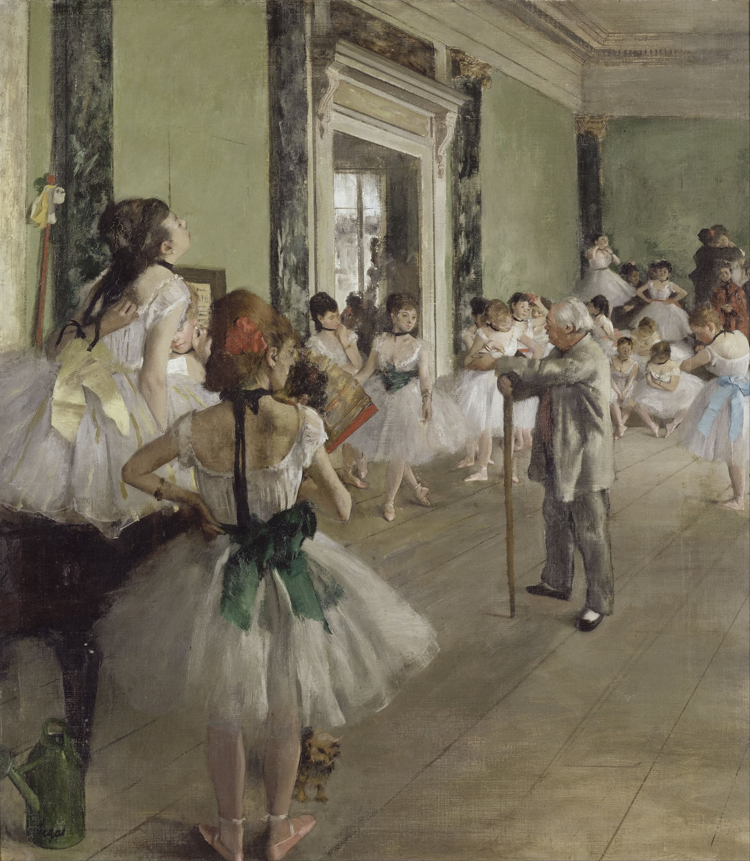 A rehearsal room with pale floorboards occupying the foreground. Dancers in white tutus cluster at the edges and background, some sitting, some standing, none dancing. An older man in dark clothes leans on a stick at the right.