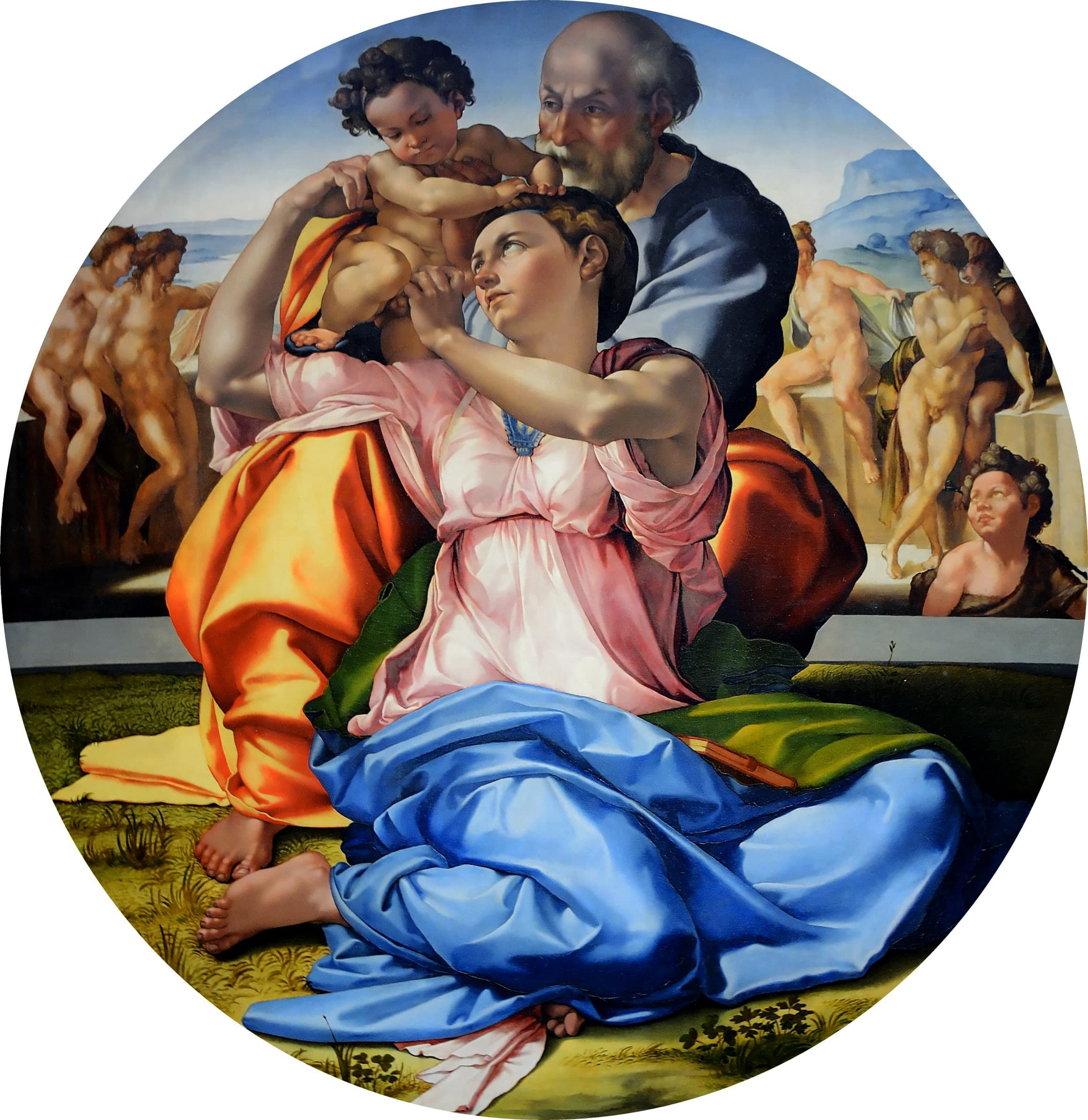 A circular panel: Mary twists to hold the infant Jesus as Joseph steadies him; a youth stands behind a low divide; five nude men sit in the bright background.