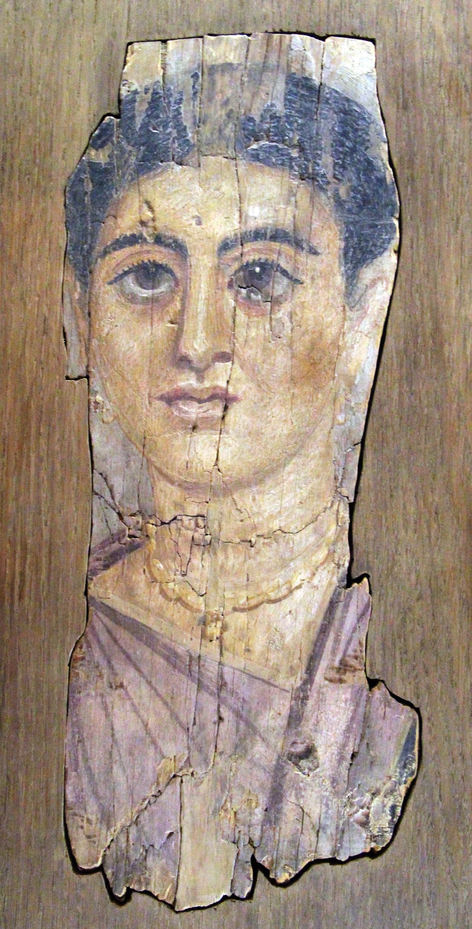 A frontal portrait of a young man with large dark eyes, painted in luminous wax on a wooden panel, showing his head and shoulders against a pale background.
