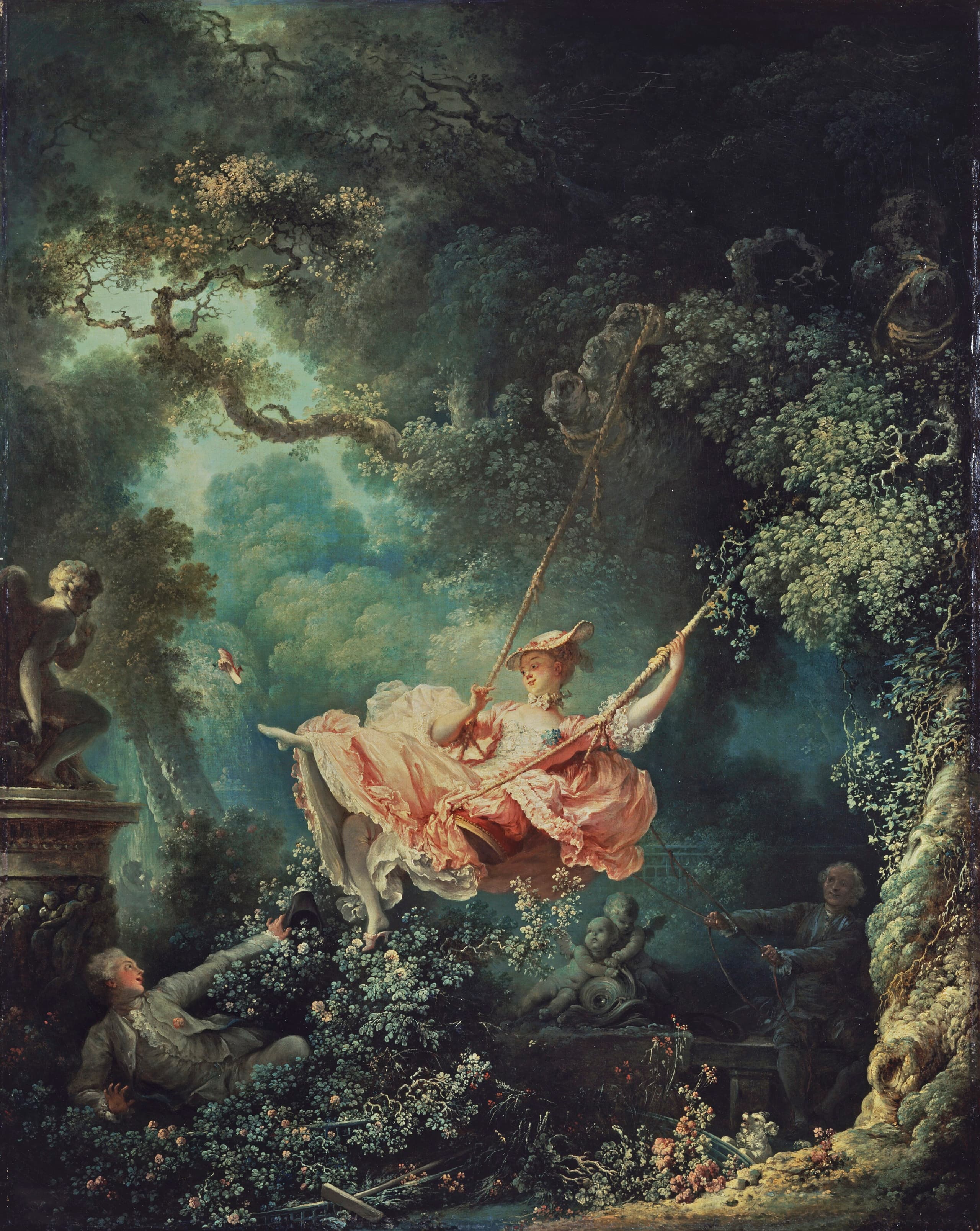 A young woman in a billowing pink dress swings high in a shadowed garden, her slipper flying off toward pale sky. A young man reclines in the lower left, looking upward. An older figure in shadow at right pulls the swing's ropes.