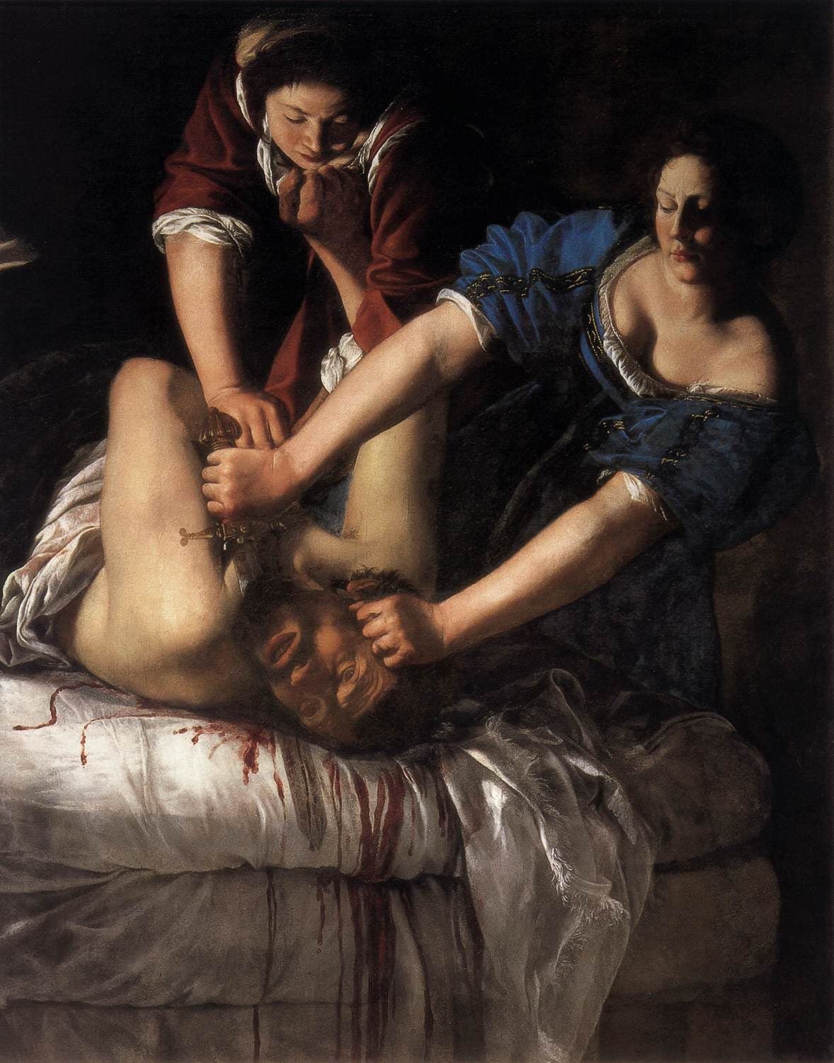Two women lean over a man on a bed, one pressing a sword through his neck, the other pinning his shoulders and head. Blood spurts in two streams. The man's mouth is open, one arm raised.