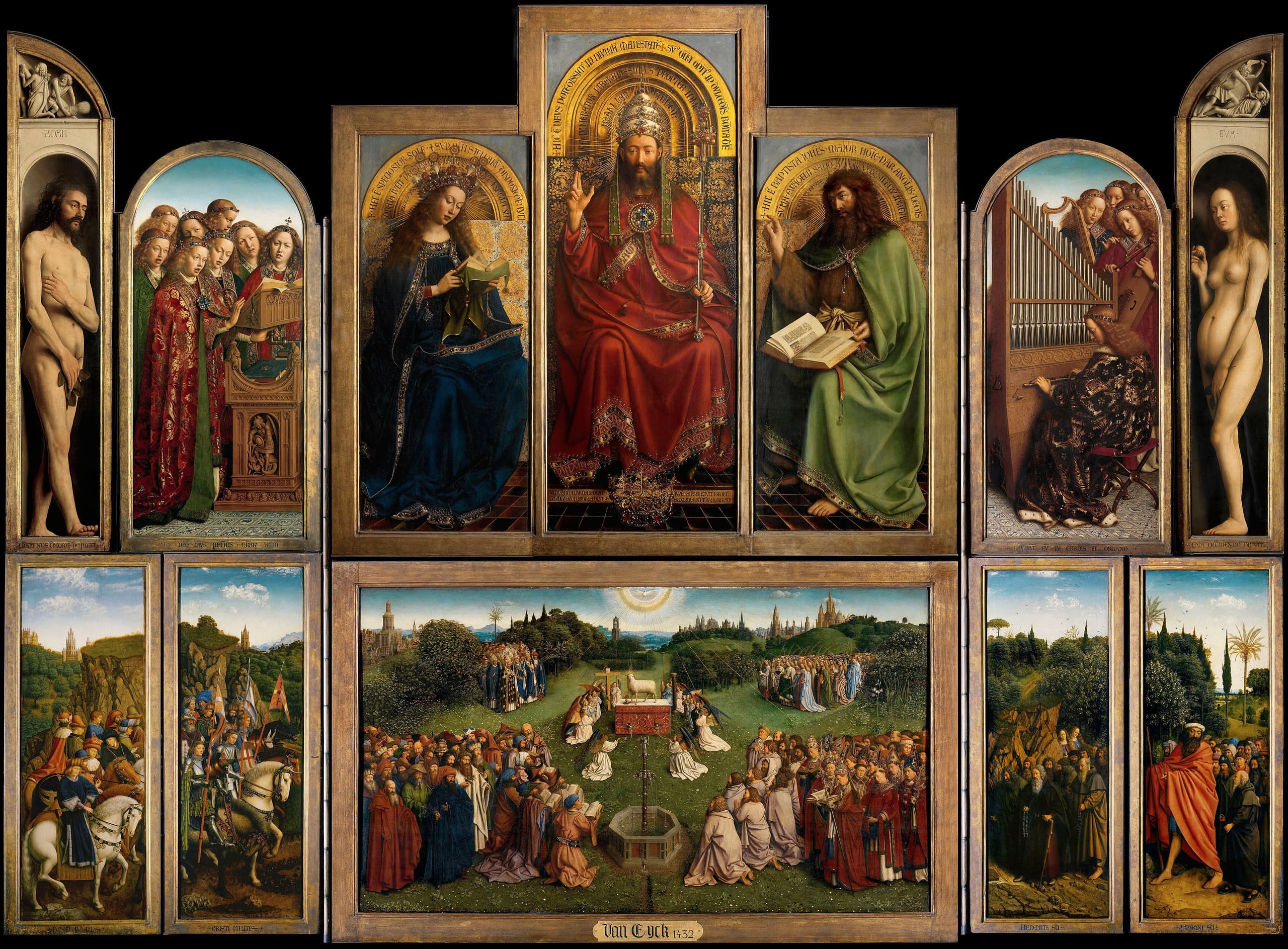 A large multi-panel altarpiece open to show a upper row of sacred figures and angels and a lower crowded meadow where groups gather around a Lamb on an altar beneath a dove.