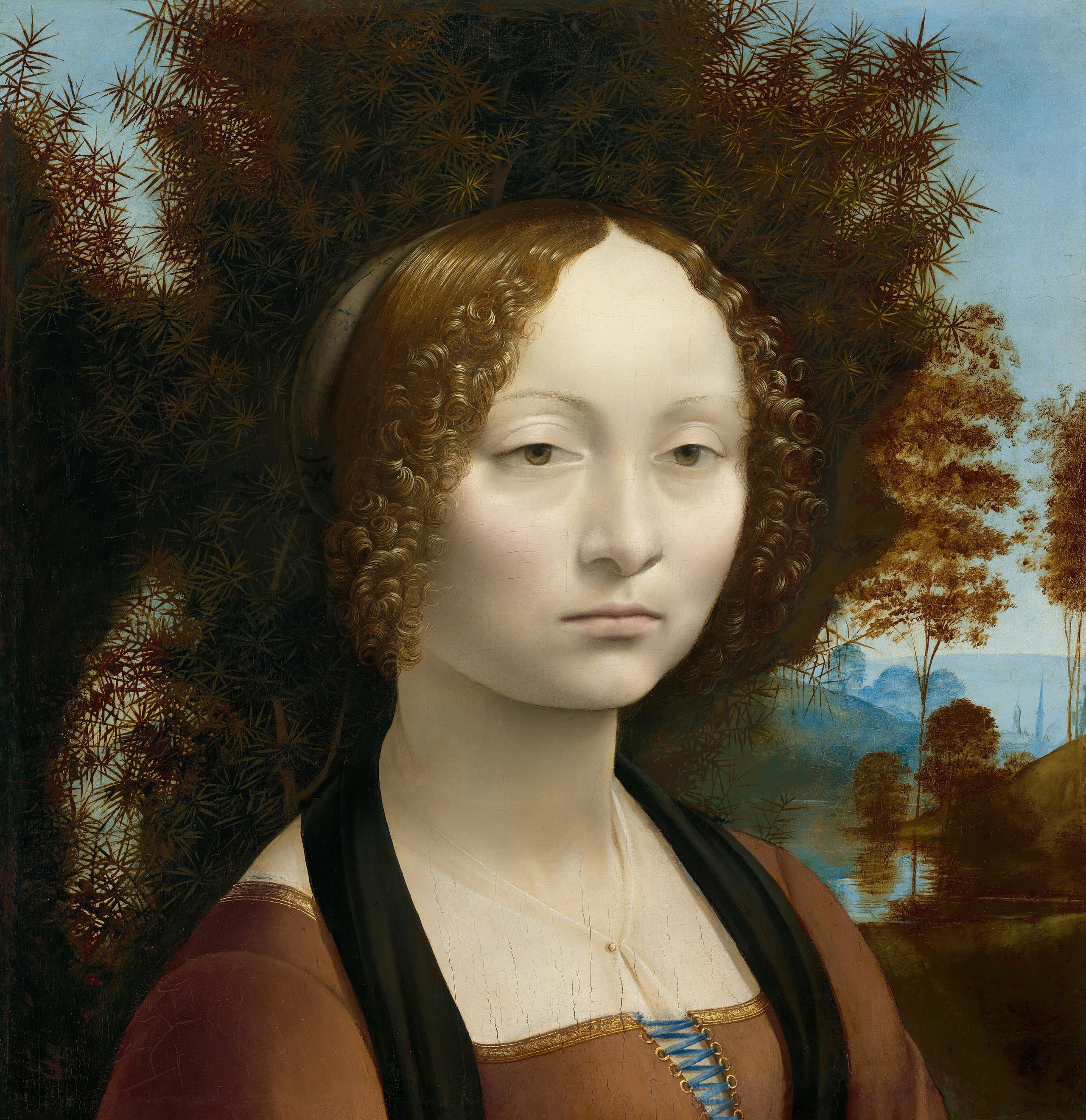 A pale young woman in three-quarter view fills a small panel, her face softly modelled against a dense mass of dark green foliage, the composition cut off across the upper torso.
