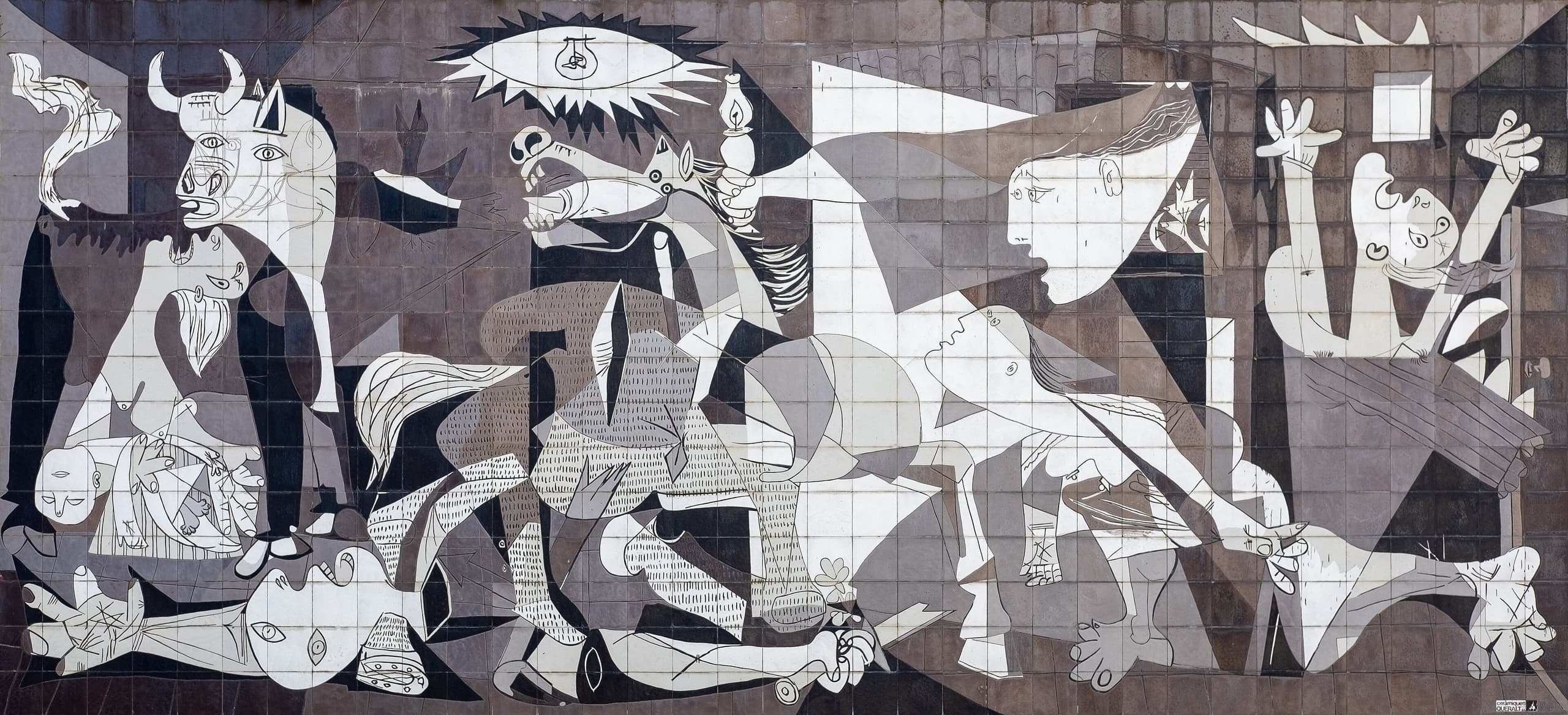 A wide monochrome painting crowded with fractured figures: a bull, a gored horse with head thrown up, screaming women, a dead child, a fallen soldier and flames, set in shallow, angular space.