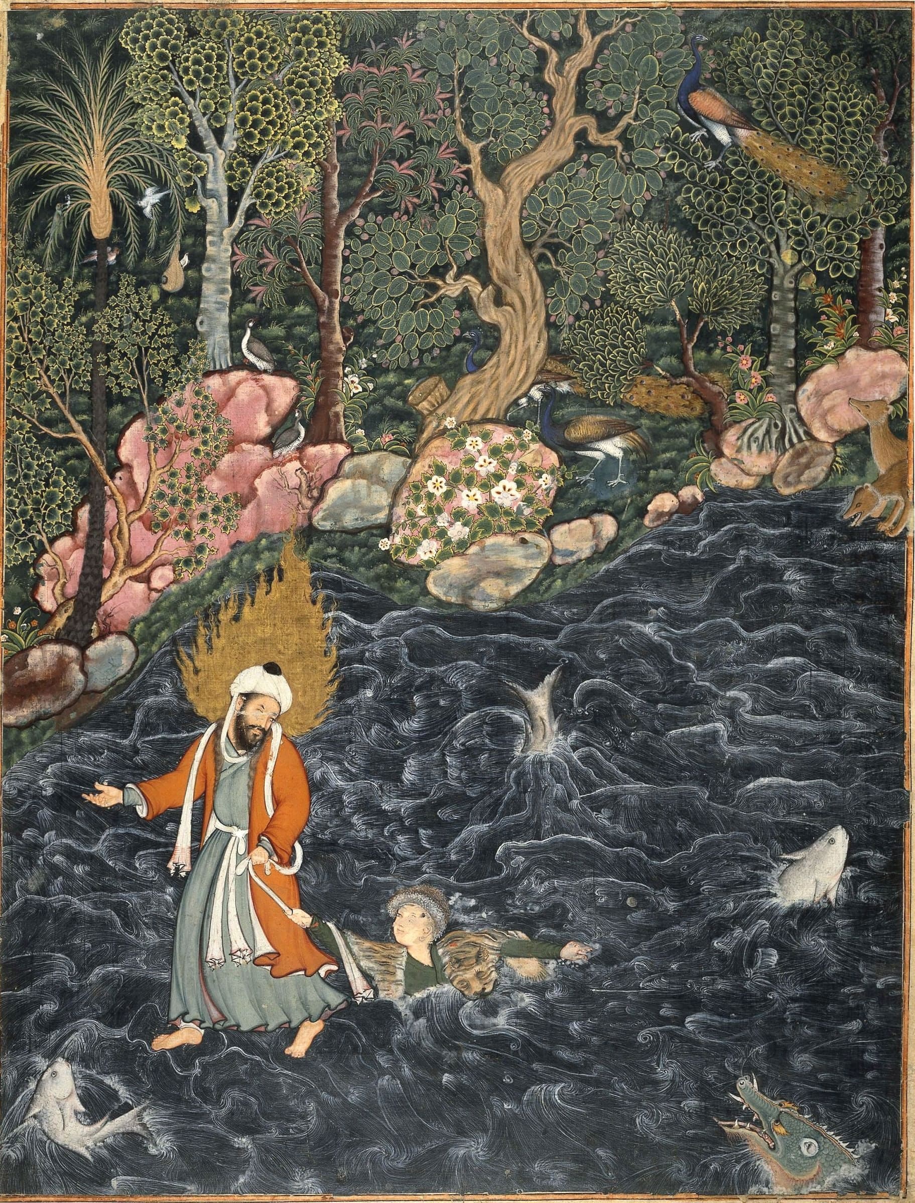 A painted cotton folio showing figures in a landscape with tilted ground, flat architectural tilework, and a receding European-style landscape at the top edge.