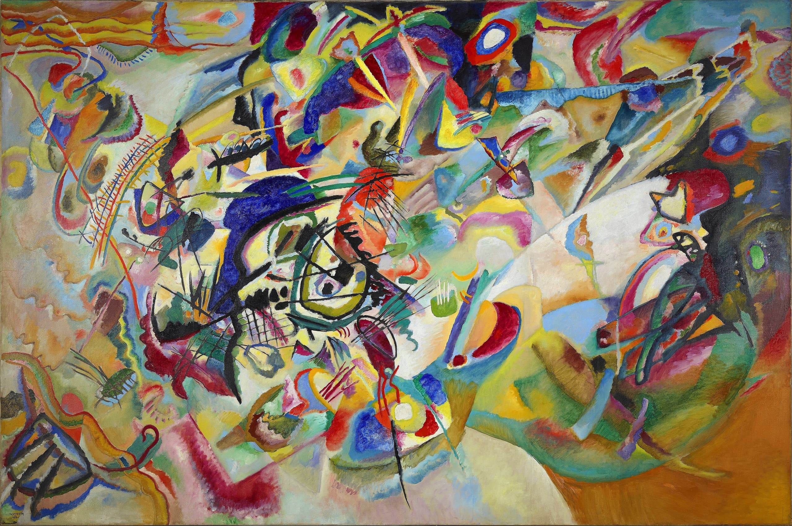 A large canvas filled with swirling, overlapping abstract forms in intense colours — reds, blues, yellows, purples, greens — crossed by dark and light lines. A dark oval shape sits off-centre, surrounded by turbulent motion.