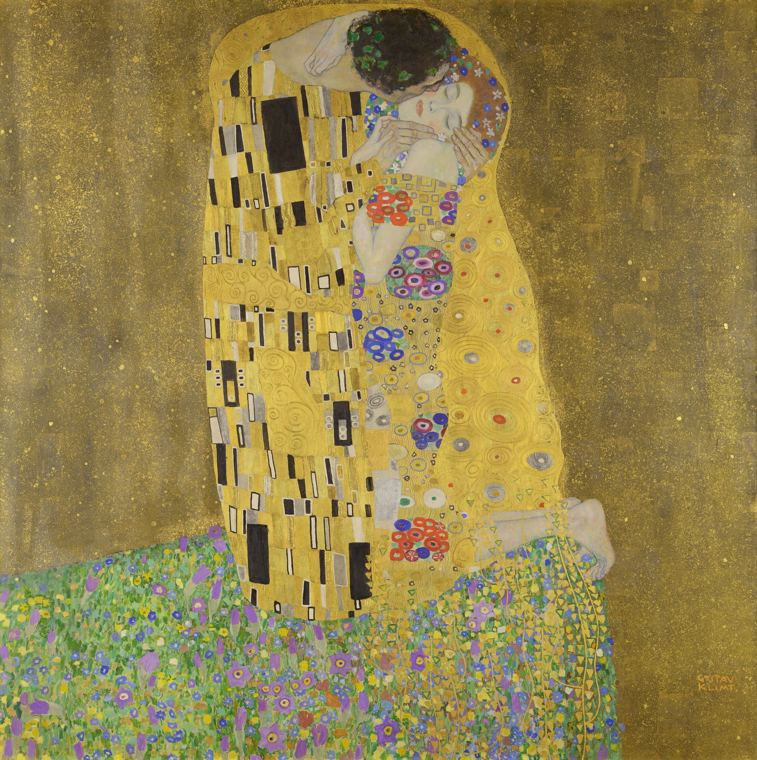 Two figures embracing, their bodies almost entirely covered by robes decorated with geometric patterns in gold. The man's face is turned away; the woman's tilts back, eyes closed. They kneel on a flowered ground against a gold background.