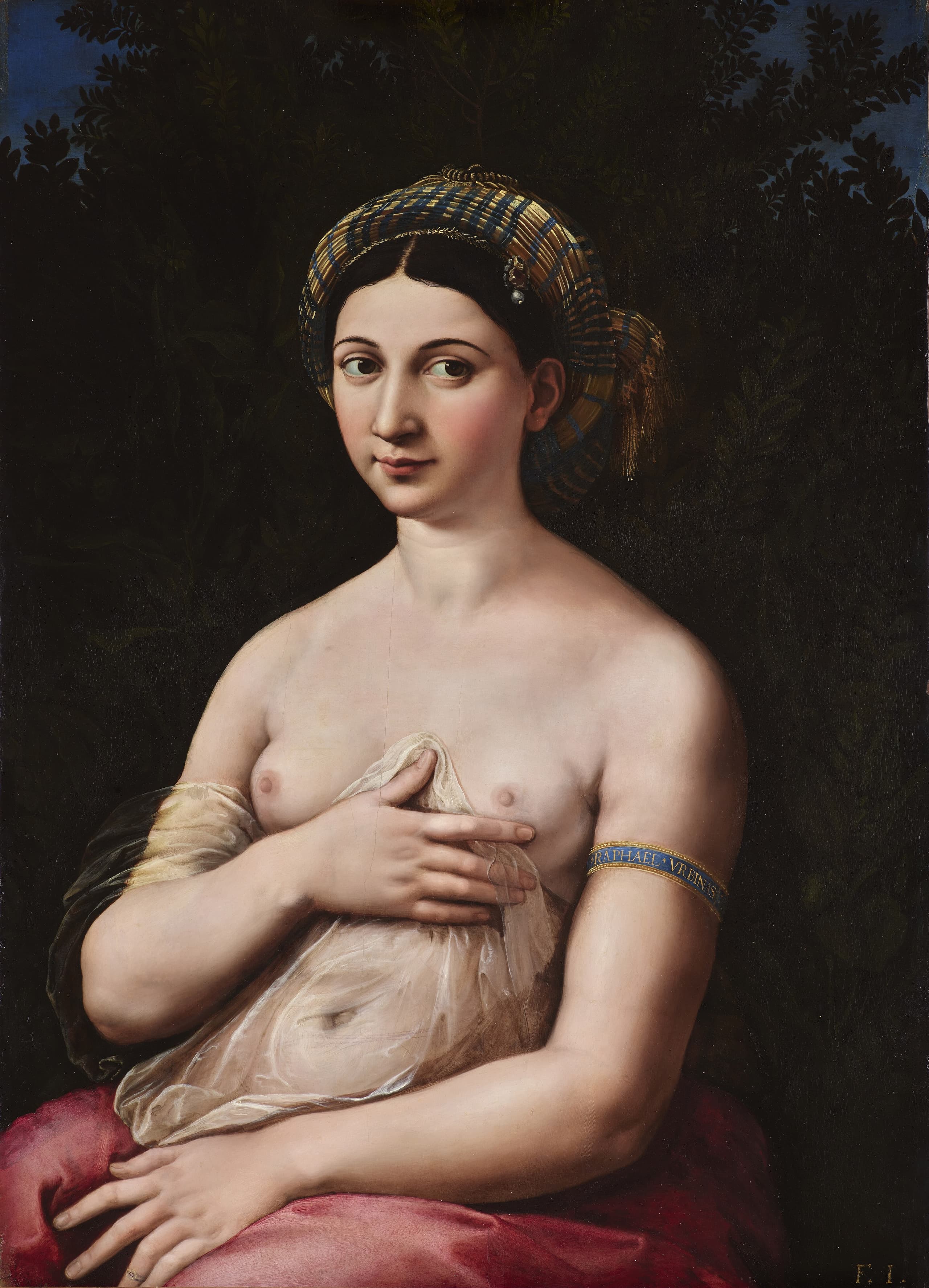 Half-length figure of a young woman, bare to the waist, turned toward the viewer against a dark ground, with drapery gathered below and her hands held close to the body.