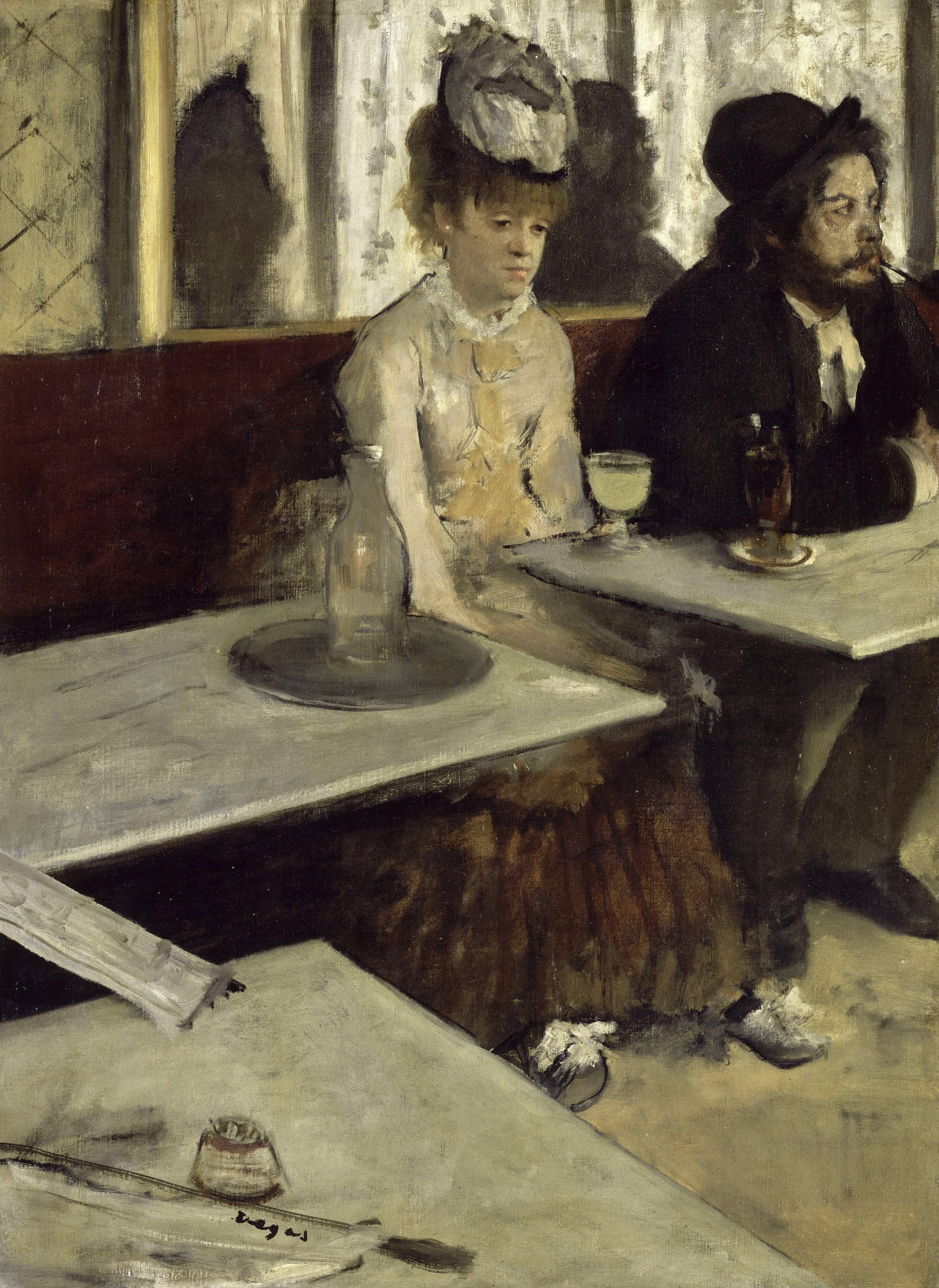 Tall oil painting of figures seated at a café table, drinks before them, in a narrow slice of interior space, held in the Musée d'Orsay.
