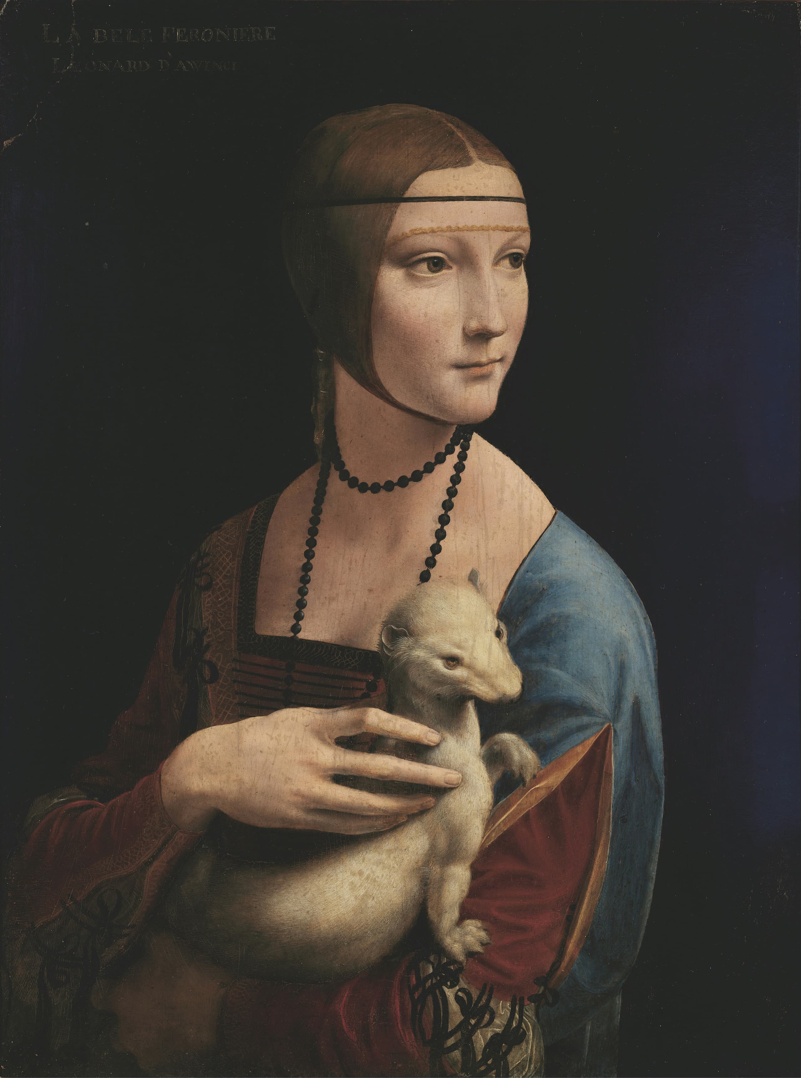 A young woman in three-quarter view against a dark ground, head turned to her left, holding a white ermine in the crook of her right arm so that the animal’s head faces back toward her.