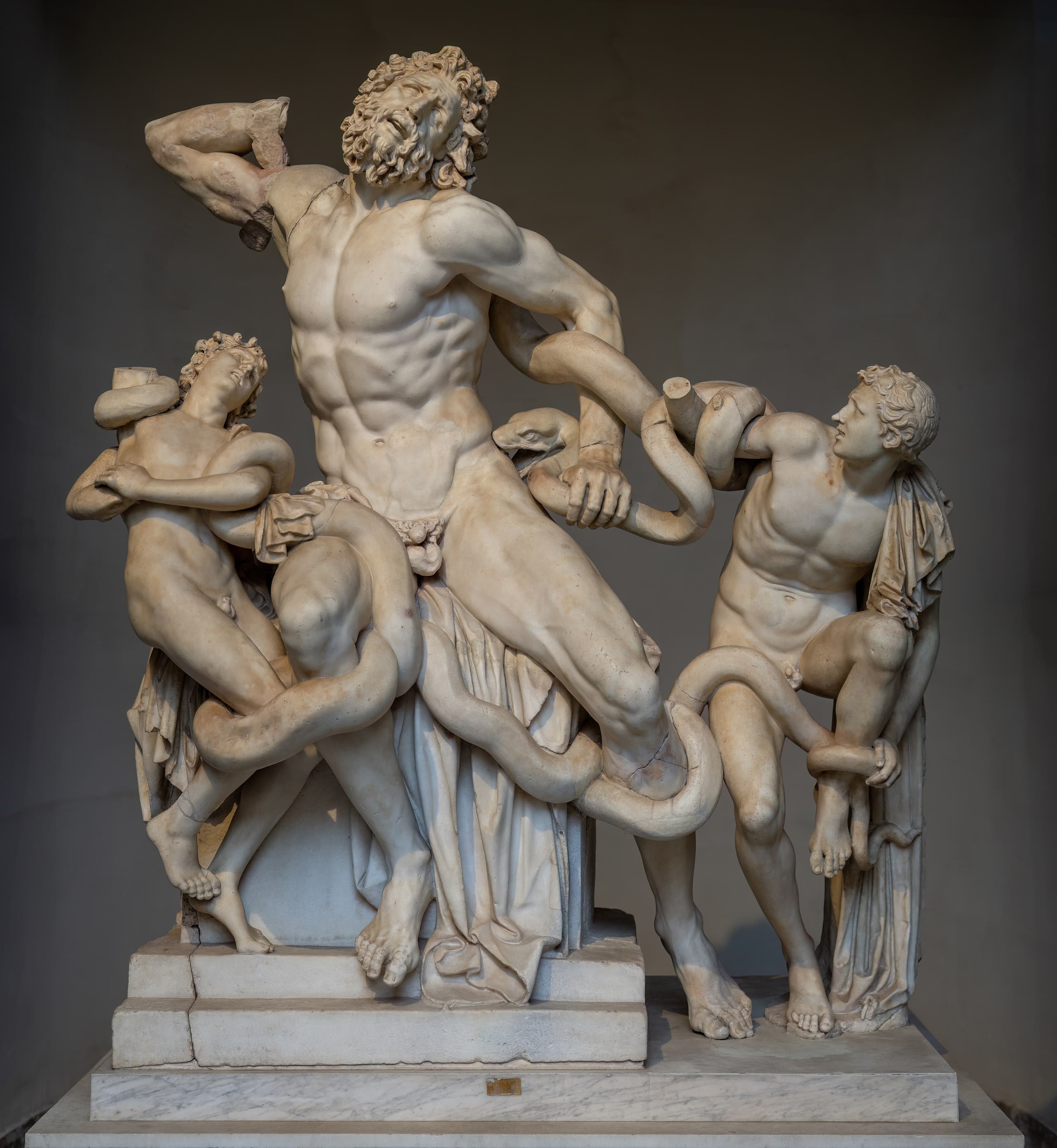 Three male figures, nearly life-sized, carved in marble. A bearded man at the centre and two younger figures beside him are entwined with two large serpents. The central figure's face is contorted, his right arm bent sharply back, his body twisting. One of the younger figures is slumping, the other still struggling.