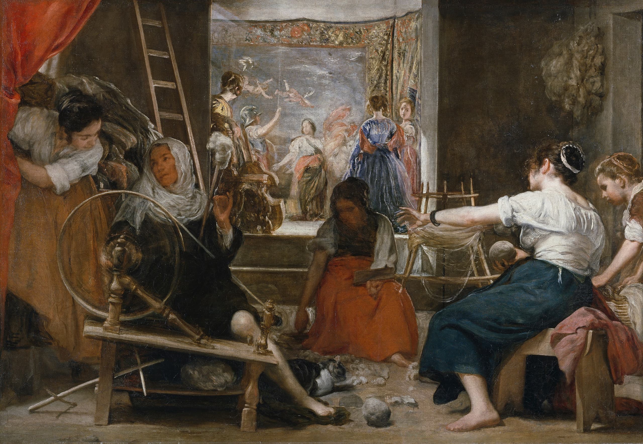 A dim workshop where women spin and wind wool; behind them a raised, brighter platform holds figures before a large tapestry of a bull carrying a woman over the sea.