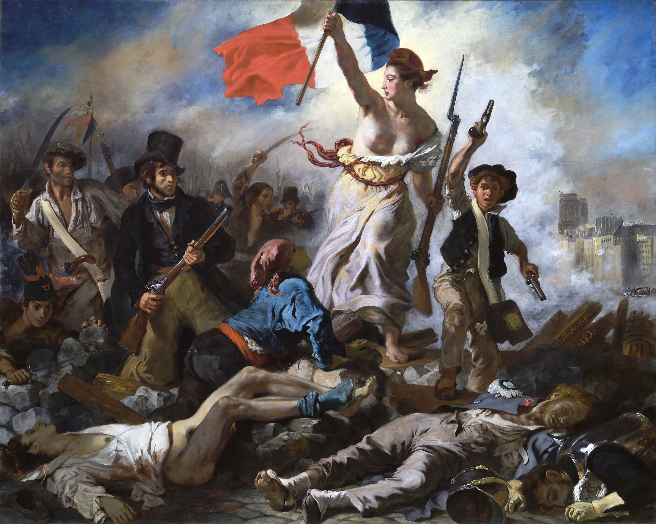 A bare-breasted woman in a Phrygian cap strides over a barricade and fallen bodies, tricolour raised in one hand and a bayonetted musket in the other, leading a mixed crowd that includes a boy with two pistols.