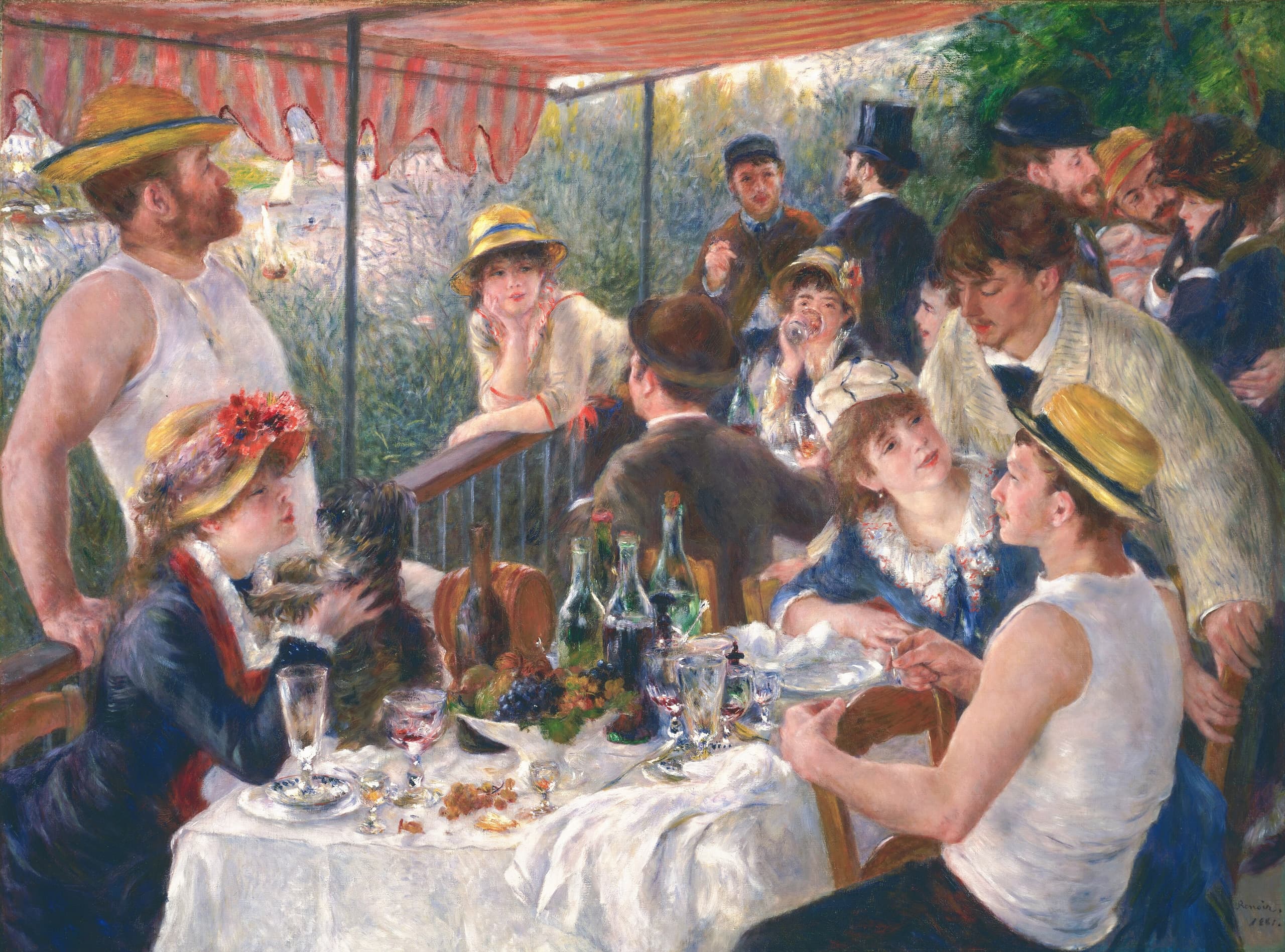 A crowded outdoor table under a striped awning. Figures in summer clothing lean on a railing, hold glasses, talk across the table. A woman at left holds a small dog. Bottles and fruit are scattered on the white cloth.