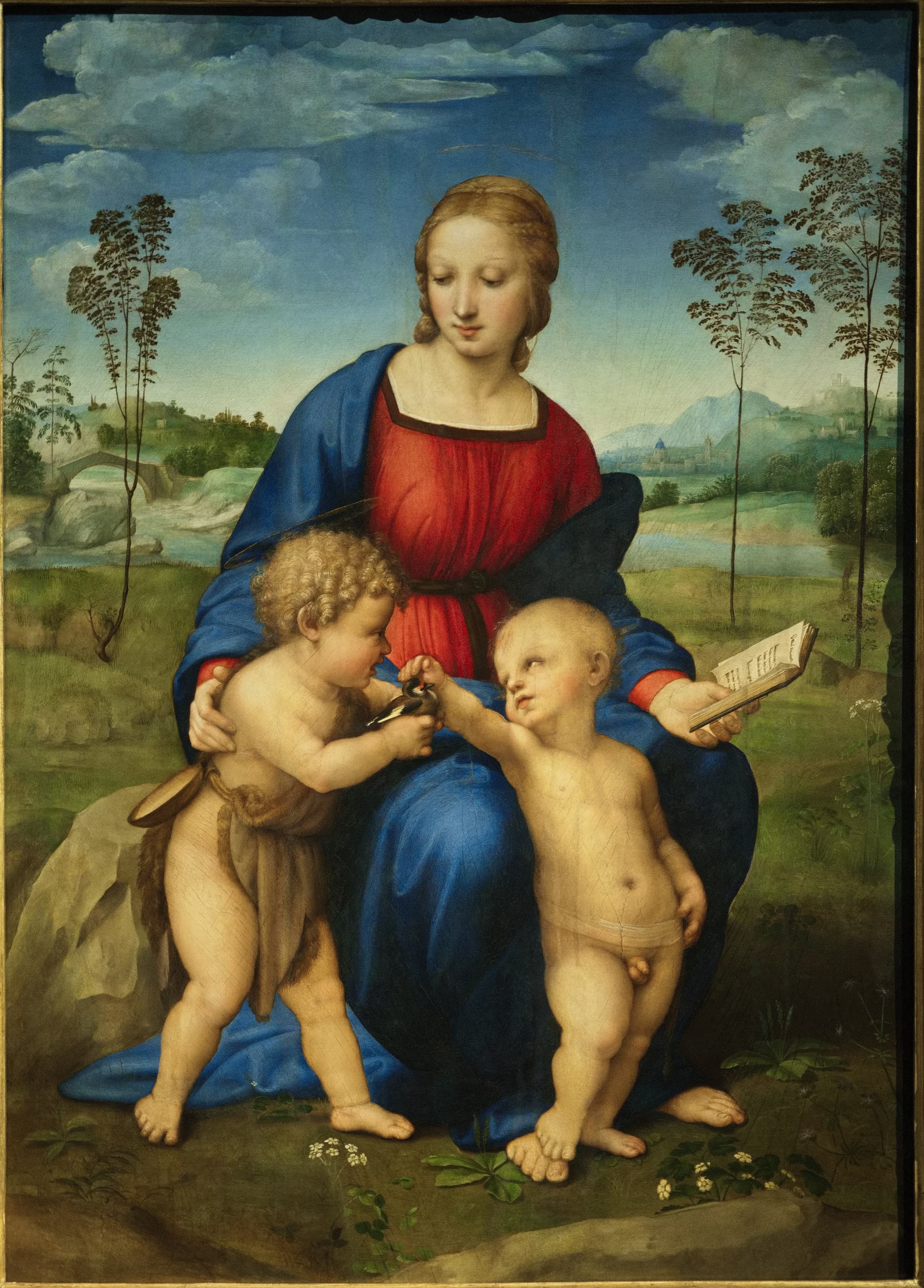 A woman in red and blue seated outdoors with two small children. One child reaches toward a bird held by the other. Hills and trees behind them.