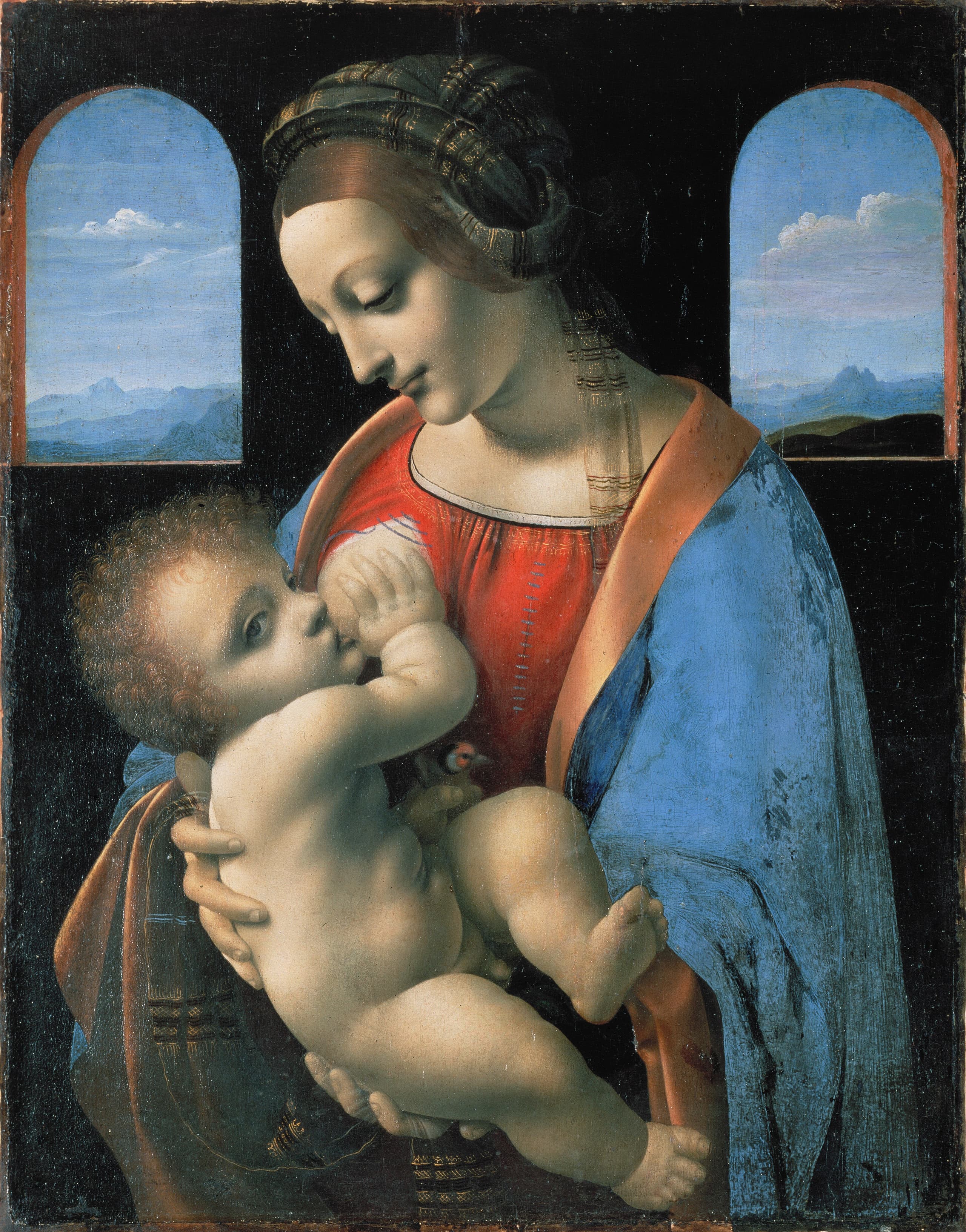 A young woman in a dim interior nurses an infant on her lap; behind them two arched openings show a pale mountainous landscape. The child holds a small bird in one hand.