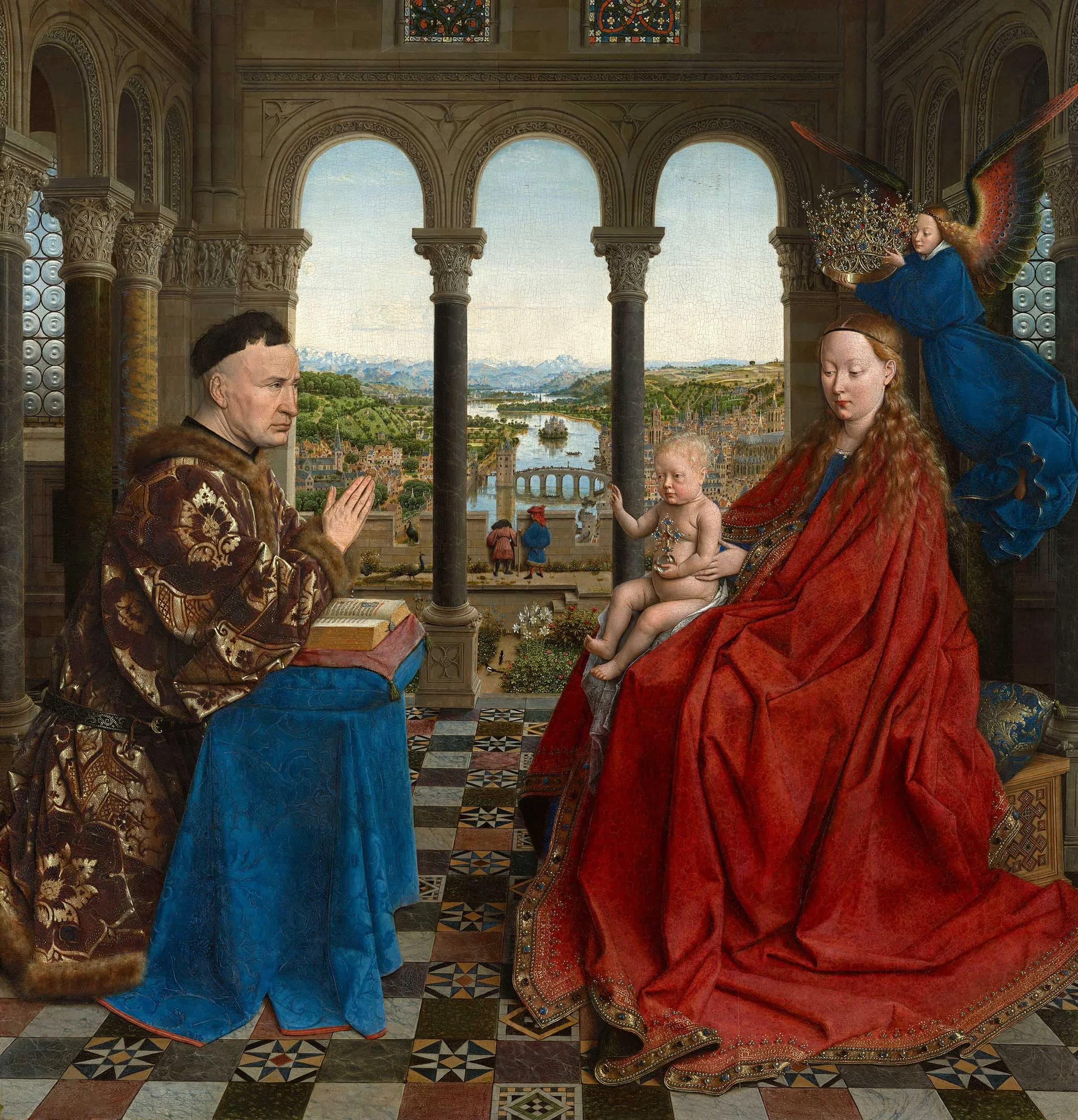 A man in dark furred robes kneels at left before a book; opposite him a seated Virgin holds a naked Child while an angel lowers a crown. Behind them an open arcade reveals a river city in sharp detail.