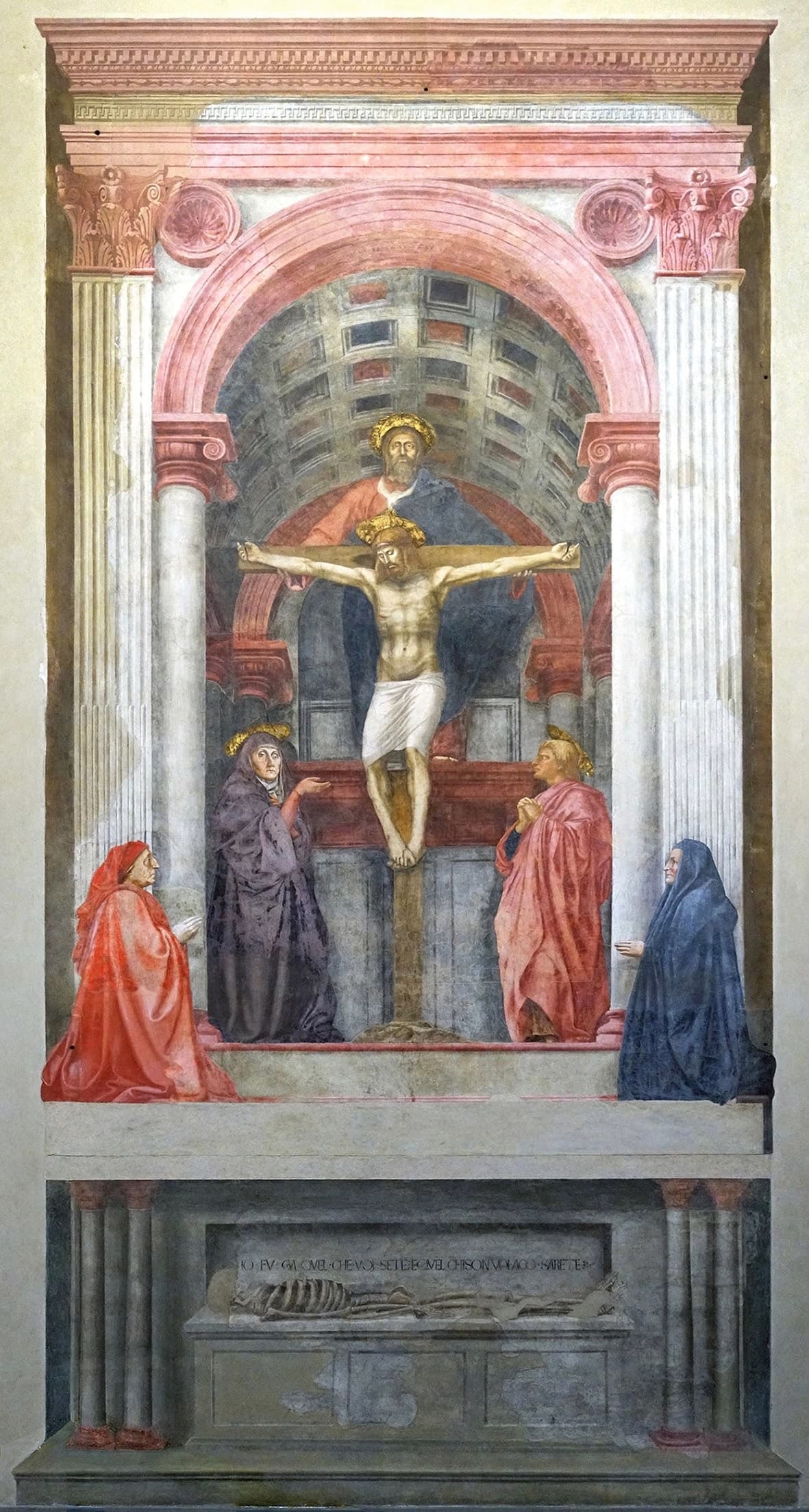 A vaulted chapel receding in perspective, with the crucified Christ and standing figures within the architecture. Two donors kneel outside it at the front. Below, a skeleton lies in a tomb.