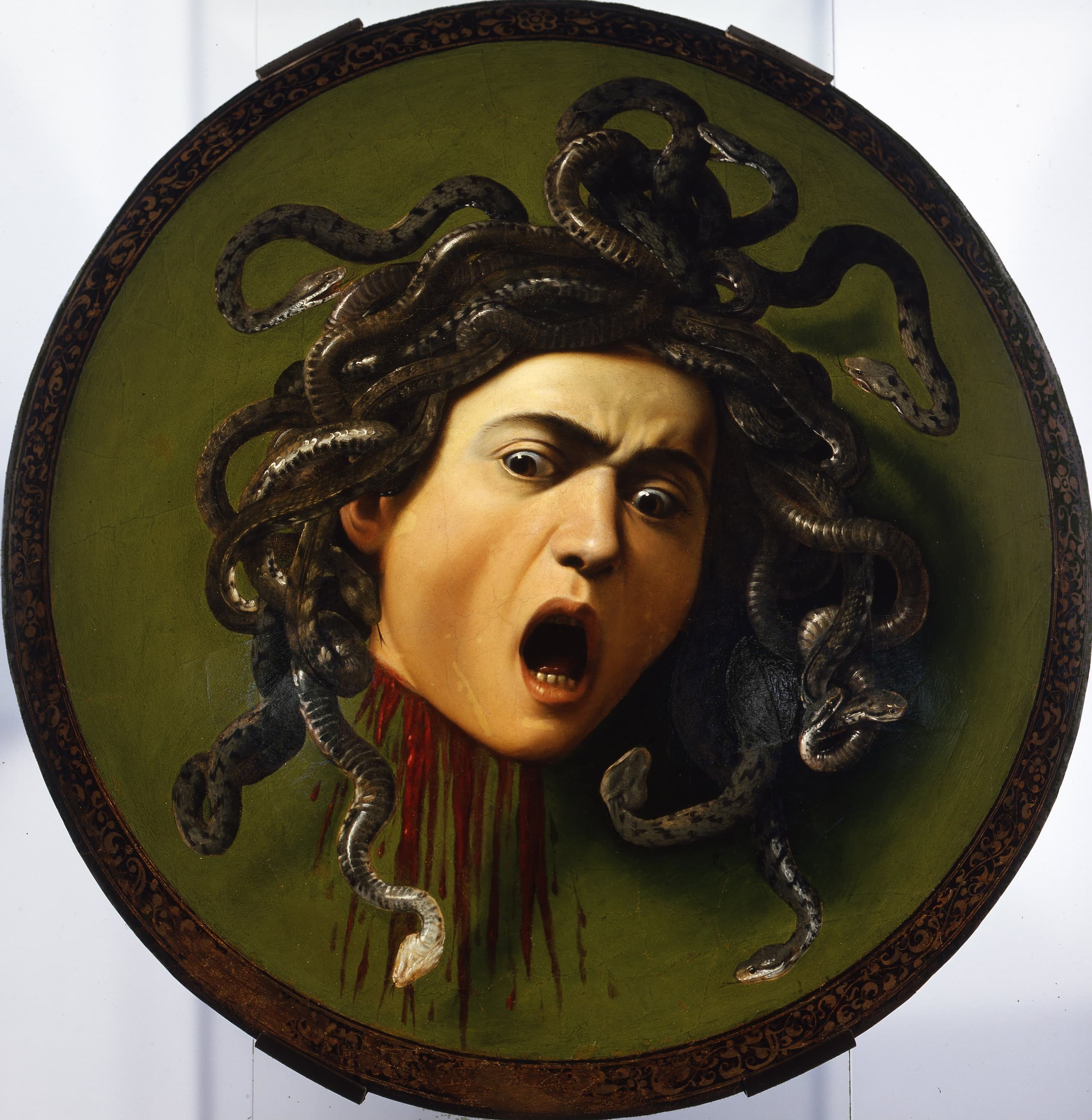 A round painting of a severed head with snake hair, mouth open, lit hard from one side against a dark ground, the neck ending in a wound at the lower edge.