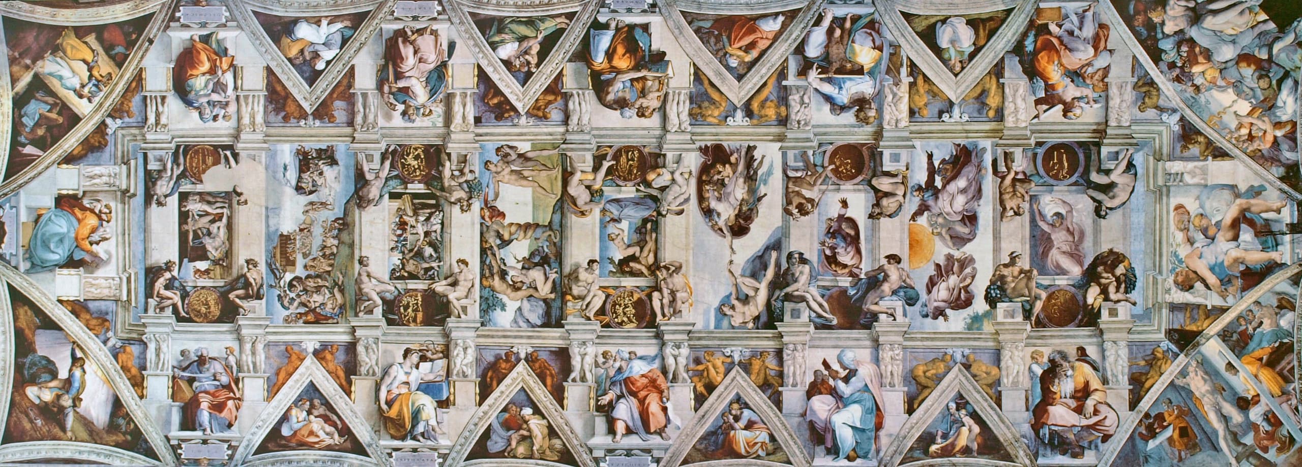 A large vaulted ceiling divided by painted architectural elements into panels. Central panels show scenes with multiple figures; surrounding areas contain seated figures in niches and nude figures at the panel corners.