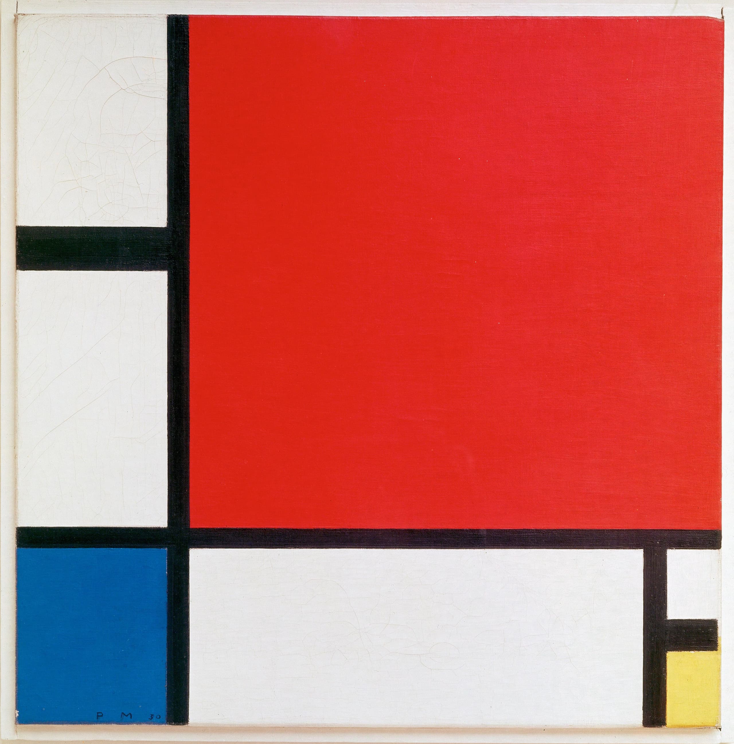 A white canvas divided by black lines into rectangles. A small red block in the lower right corner, a blue block at upper left, a yellow block at lower left. Most of the canvas is white.