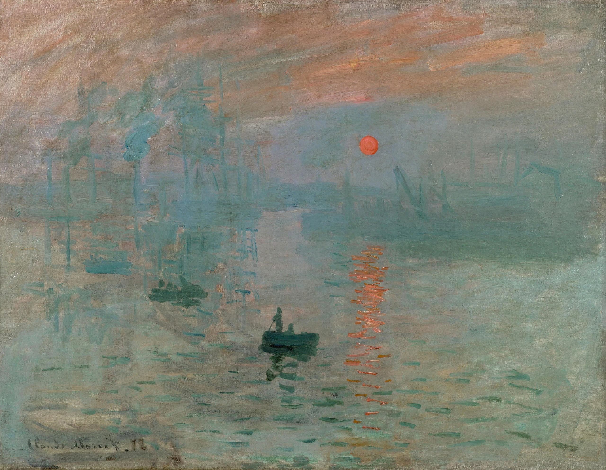 A harbour at dawn, painted in loose strokes. Small dark boats float on grey-blue water. An orange sun hangs in a pale misty sky above the silhouettes of cranes and masts.