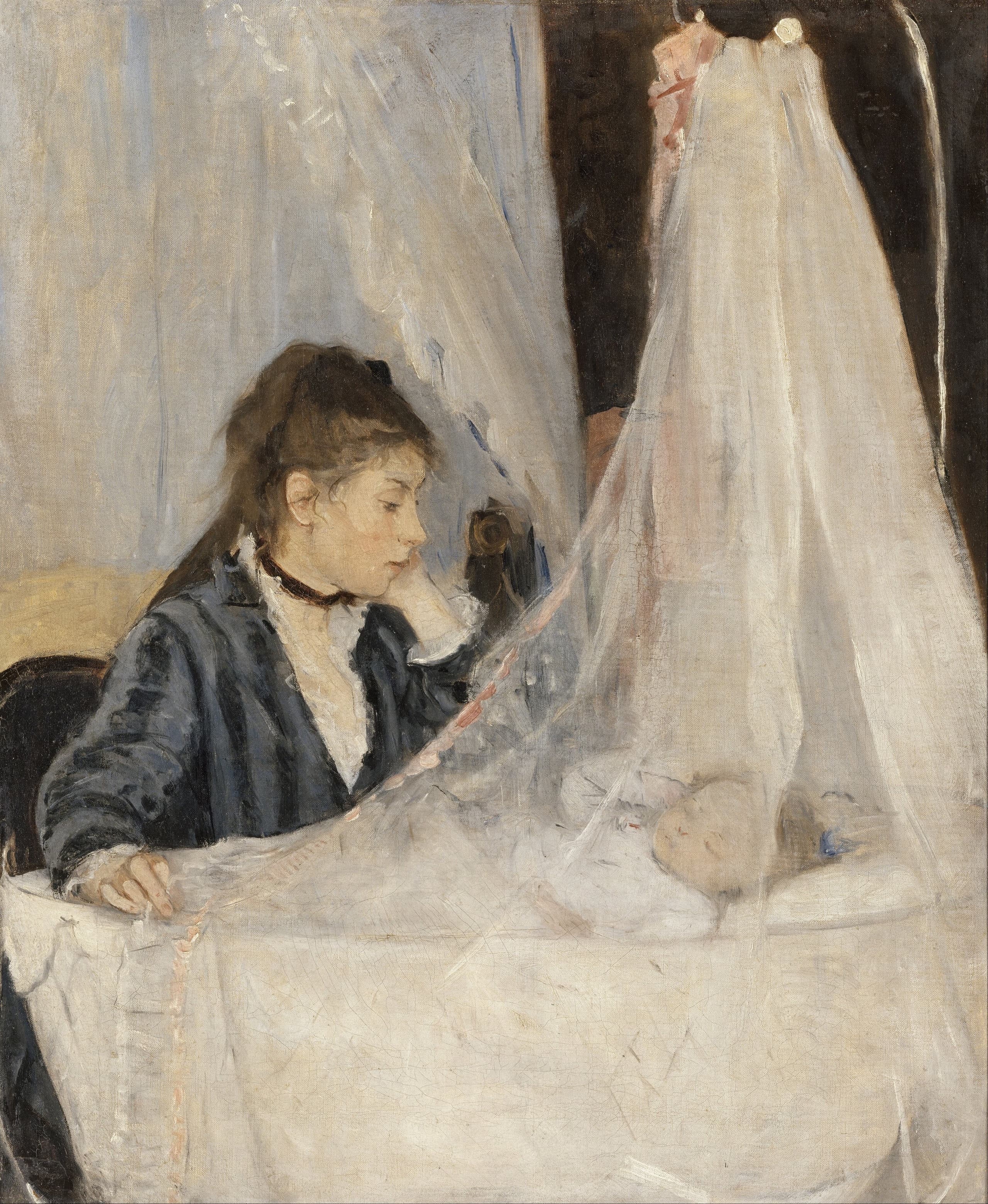 A woman in dark clothing sits beside a draped cradle, her head resting on one hand, gazing toward an infant barely visible through thick white gauze.