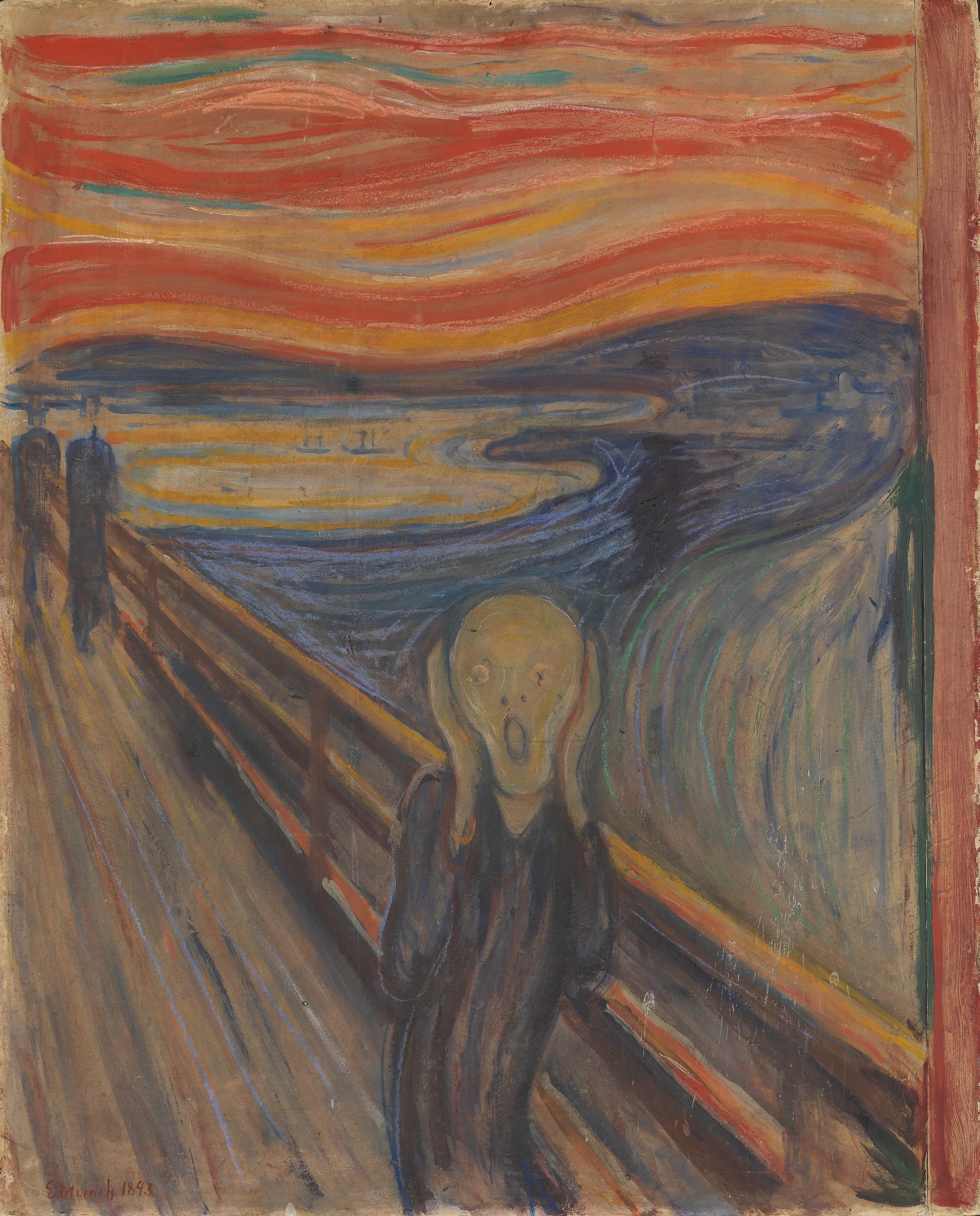 A figure with an elongated, skull-like head stands on a bridge, hands pressed to the sides of its face, mouth open. The sky behind is banded with swirling orange and red. Two dark figures stand farther along the bridge, facing away.