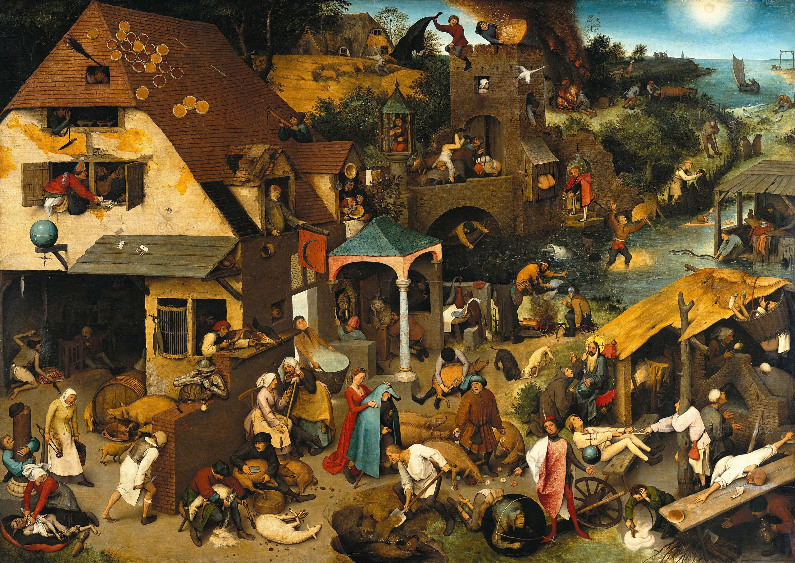 A wide panel densely filled with small figures in an outdoor village-like setting, groups engaged in odd or undignified actions, with animals and objects mixed among them.