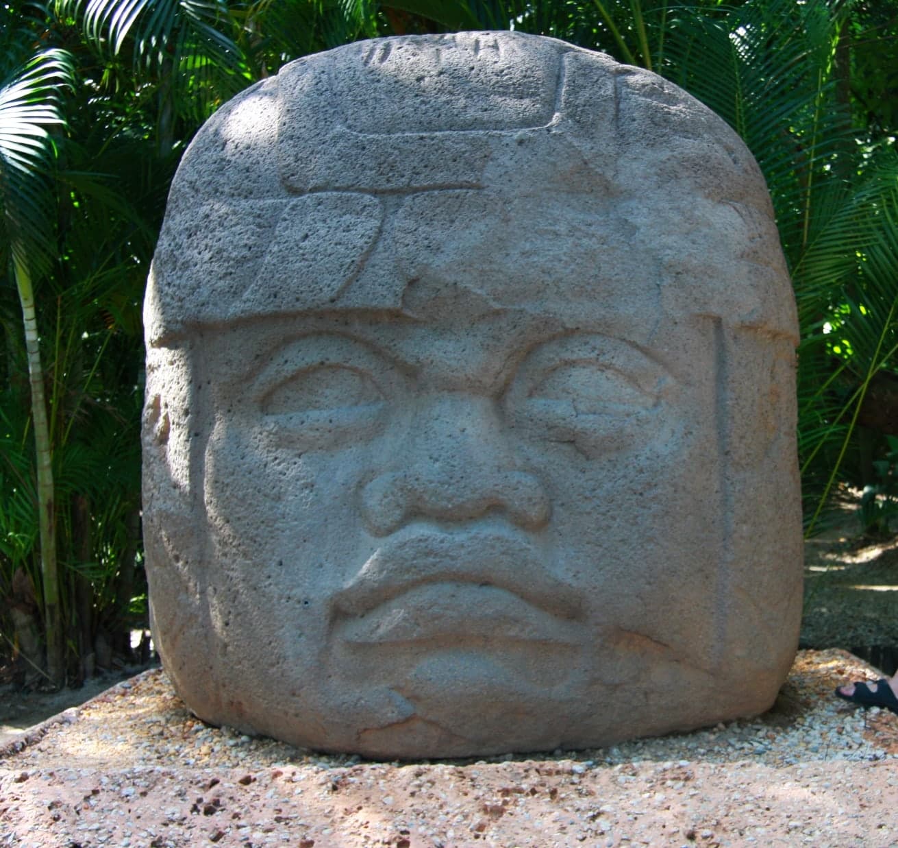 A large carved stone head, several metres tall, with broad facial features, a flat nose, full lips, and a close-fitting helmet-like headdress, set outdoors among trees.