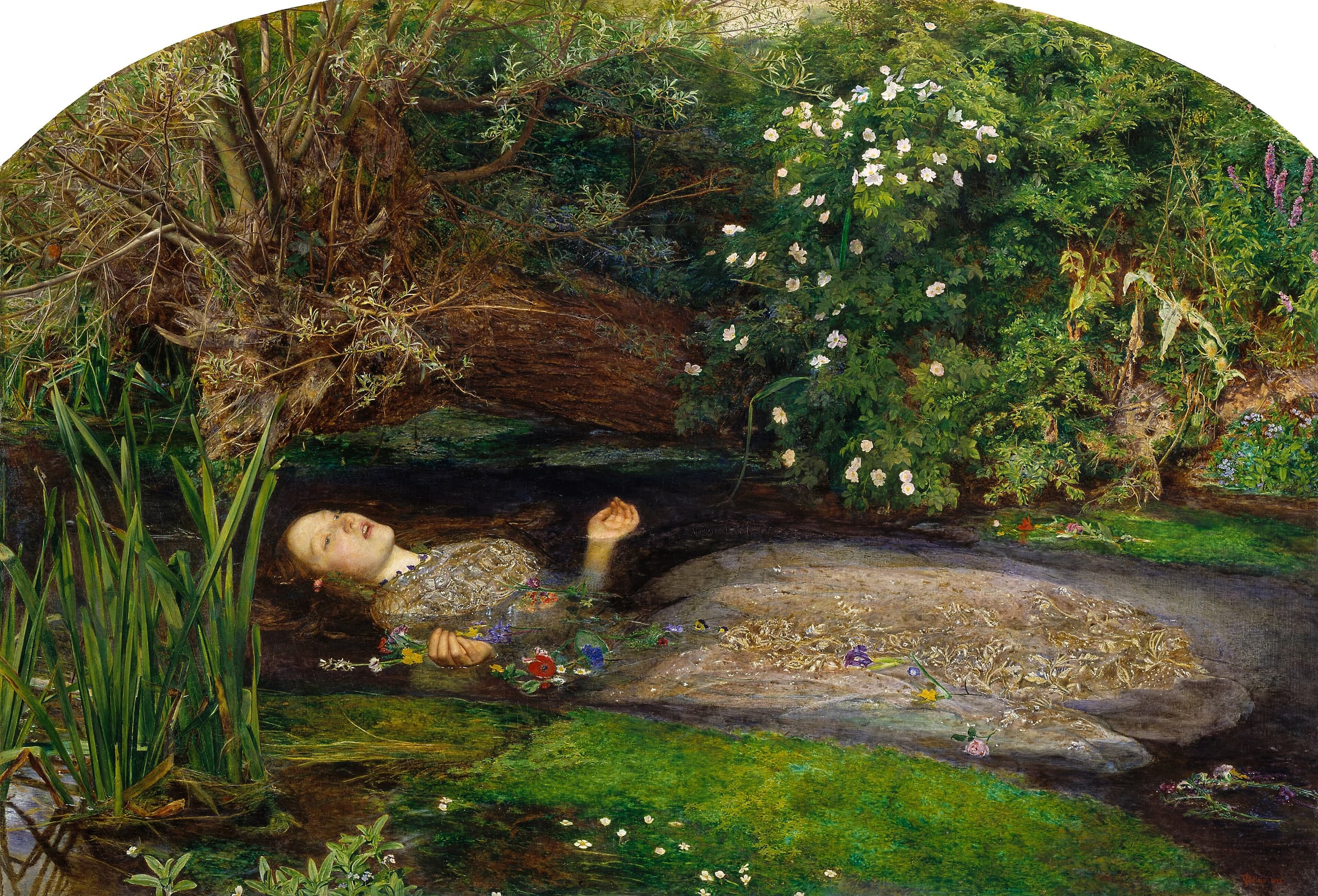 A young woman in a heavy, pale dress floats on her back in a dark stream, hands open, surrounded by dense green banks and scattered flowers.