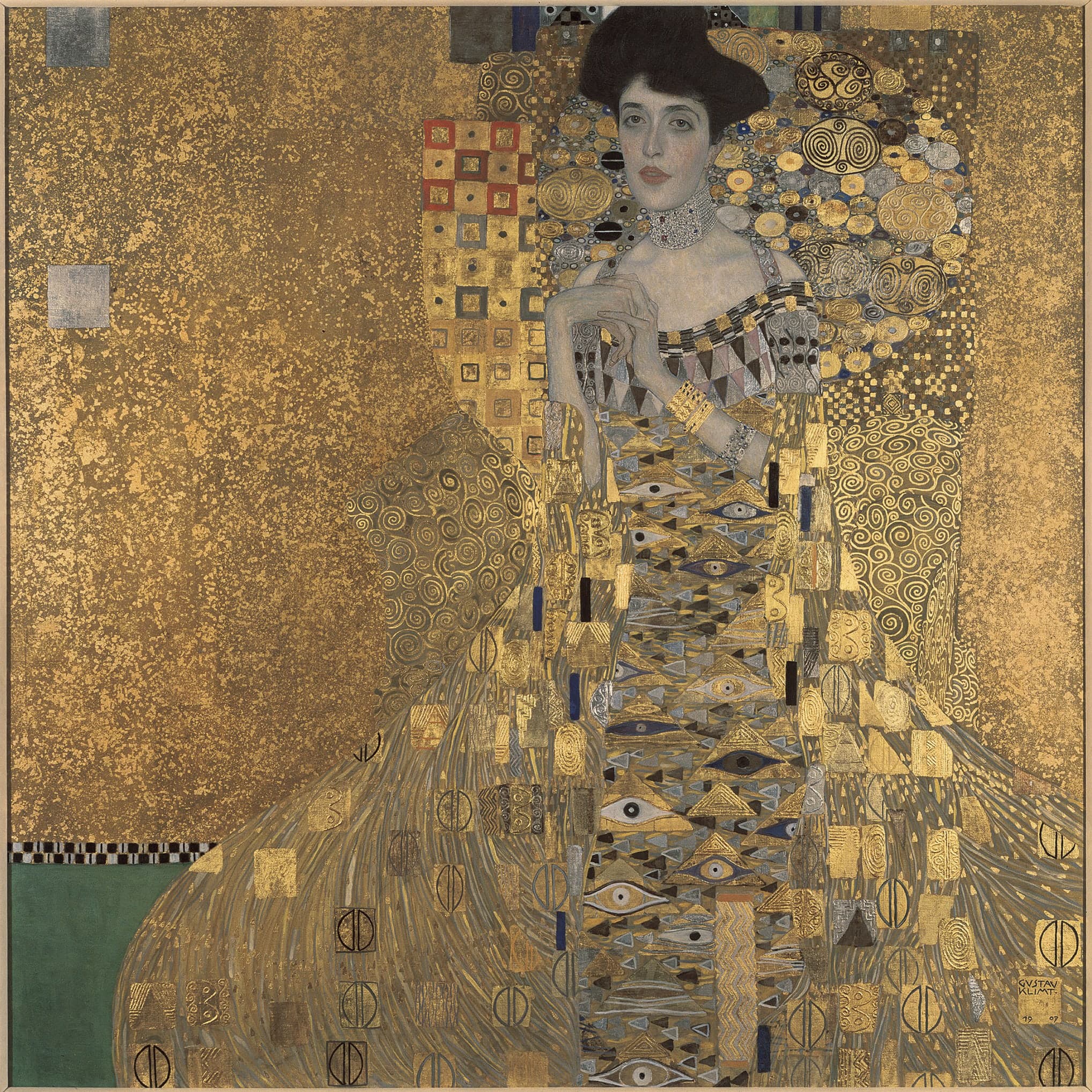 A pale-faced woman gazes forward from a wide canvas, her shoulders and dress dissolving into dense gold and silver pattern that fills almost the entire background.