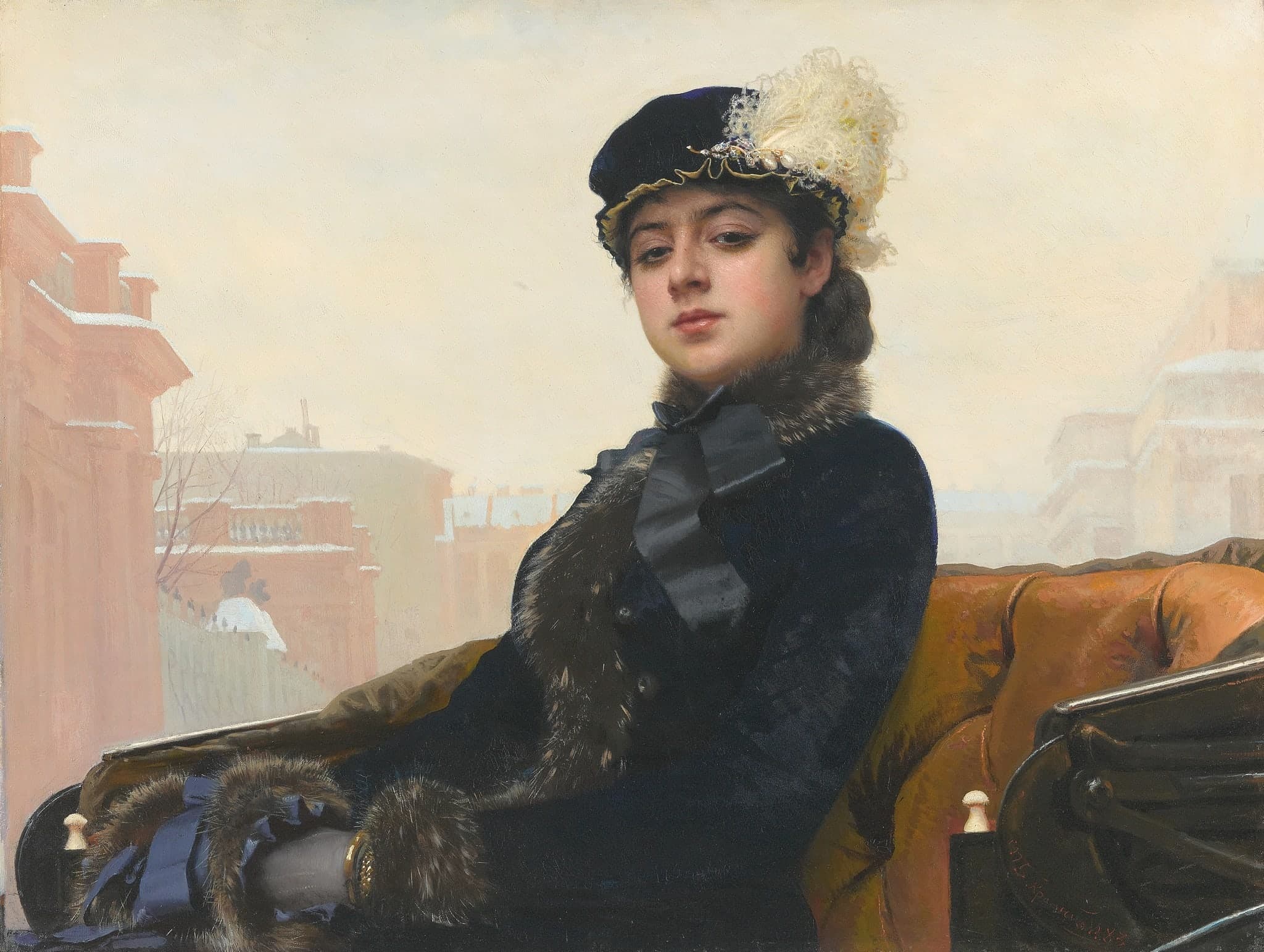 Oil portrait of a woman who looks straight out of the canvas, set on a wide horizontal field rather than a tall, narrow one.