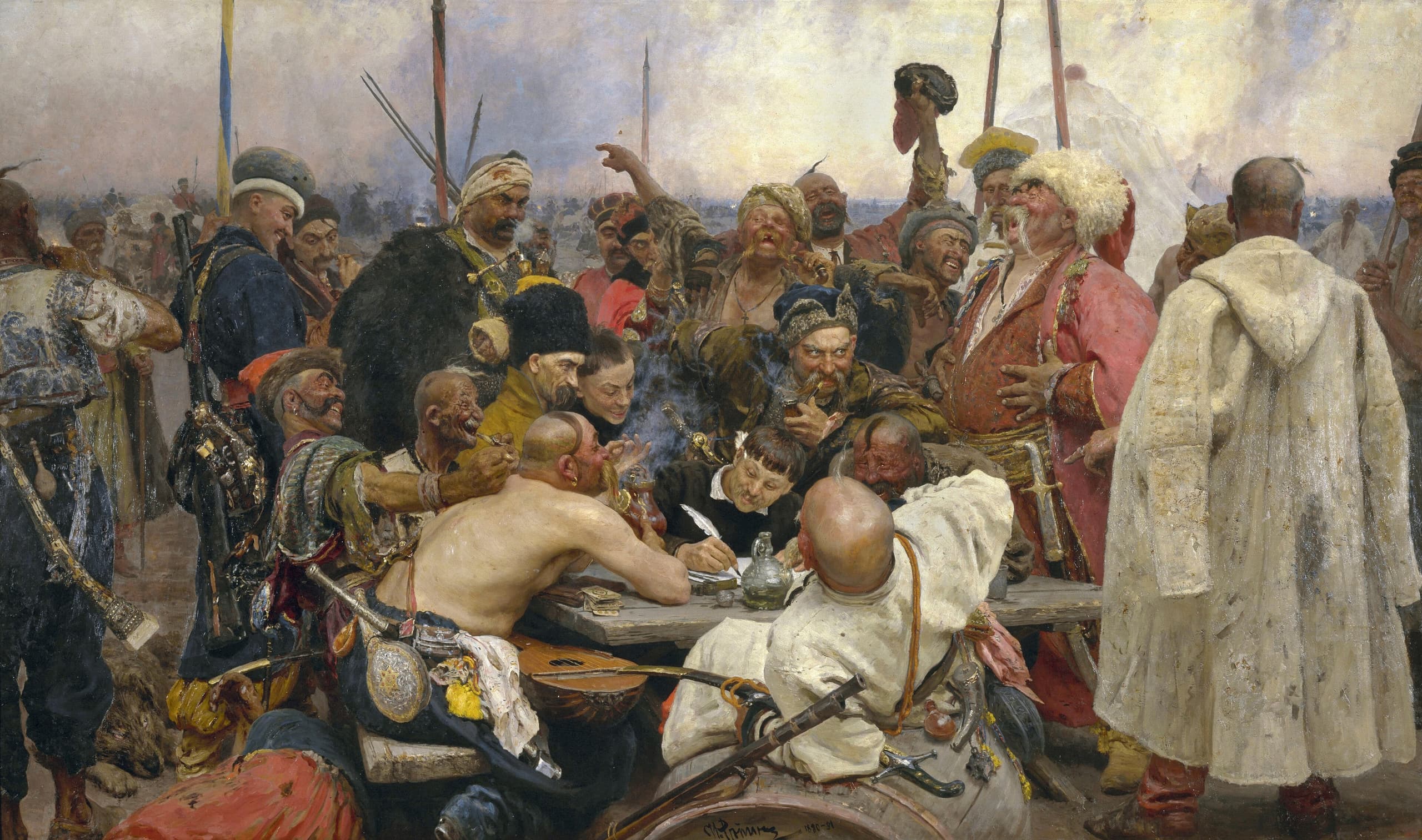 A wide outdoor gathering of men crowded around a low table. One figure writes while others lean in laughing, smoking and gesturing; heads and shoulders fill the upper half of the canvas.