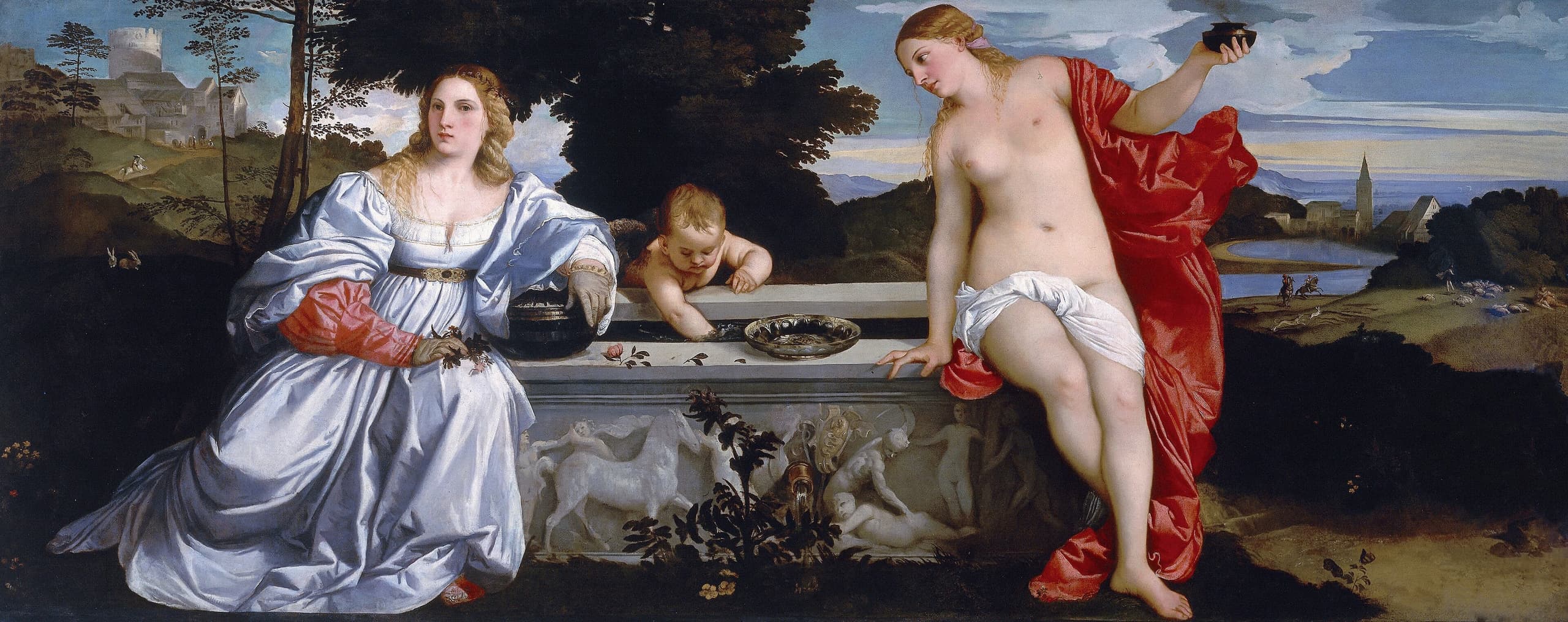 A wide horizontal painting of two women seated at a stone sarcophagus or fountain with Cupid beside them; a coat of arms appears on the vessel.