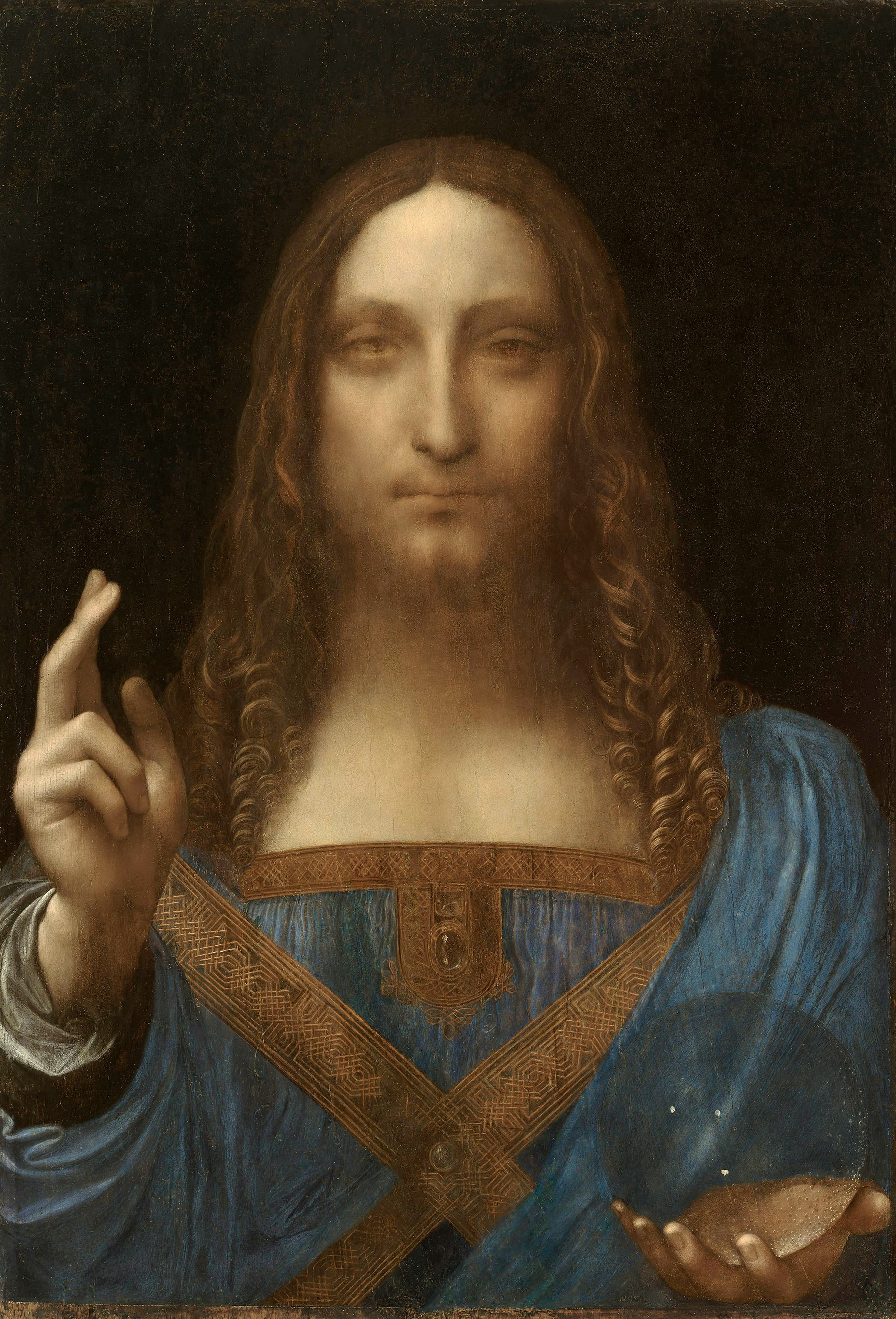 Half-length figure of Christ against a dark ground, in blue robes, right hand raised in blessing, left hand holding a clear crystal sphere.