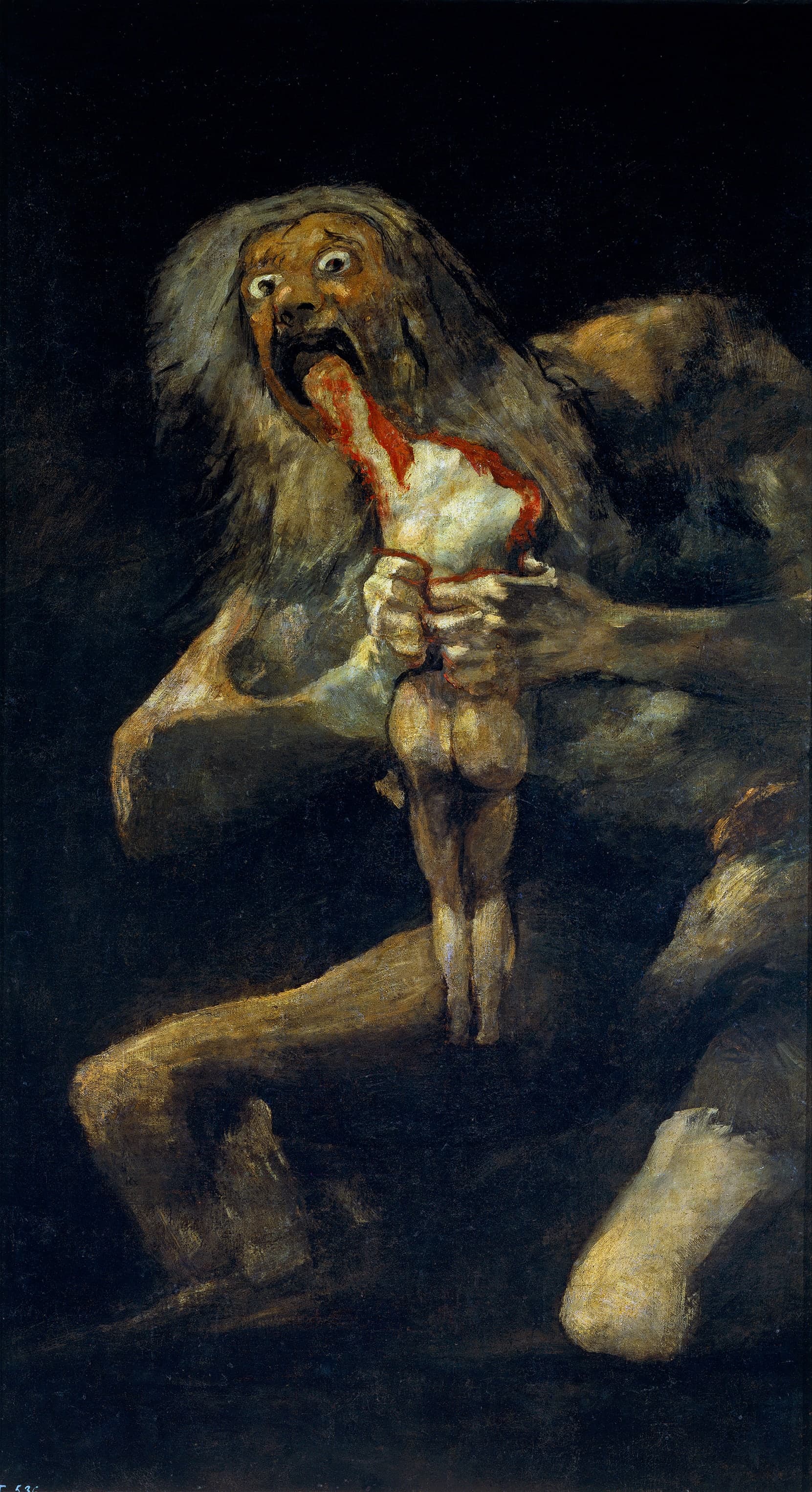 A tall, dark painting of a wide-eyed naked giant gripping a pale, incomplete human body and biting into it. Little setting is visible beyond the black ground.